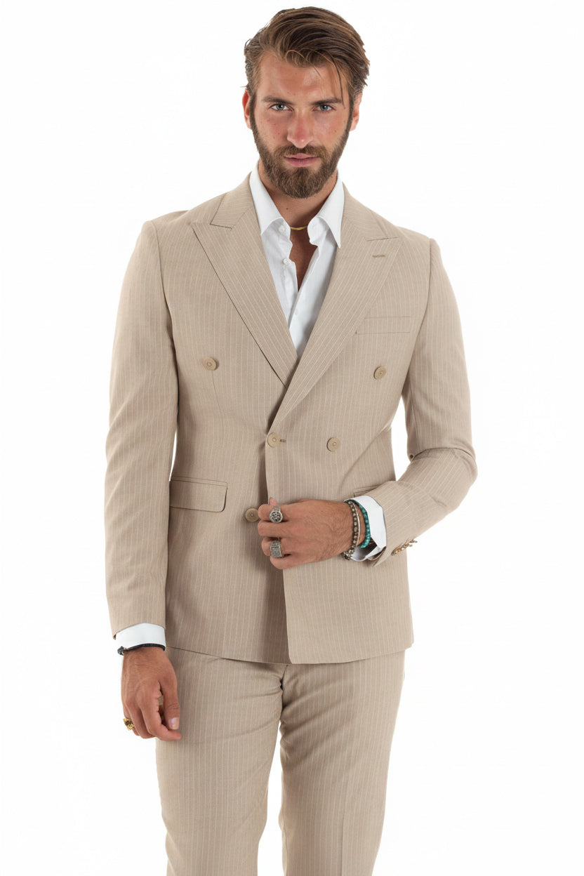 Abito uomo doppiopetto sartoriale rigato giacca pantaloni fantasia gessata beige GIOSAL-AE1279A