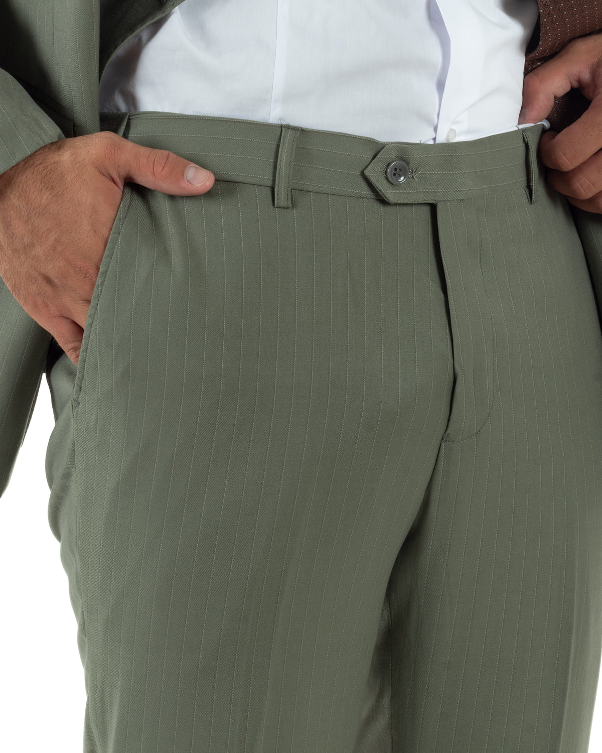 Abito uomo doppiopetto vestito completo rigato giacca pantaloni bottoni metallo fantasia gessata verde salvia GIOSAL-AE1284A