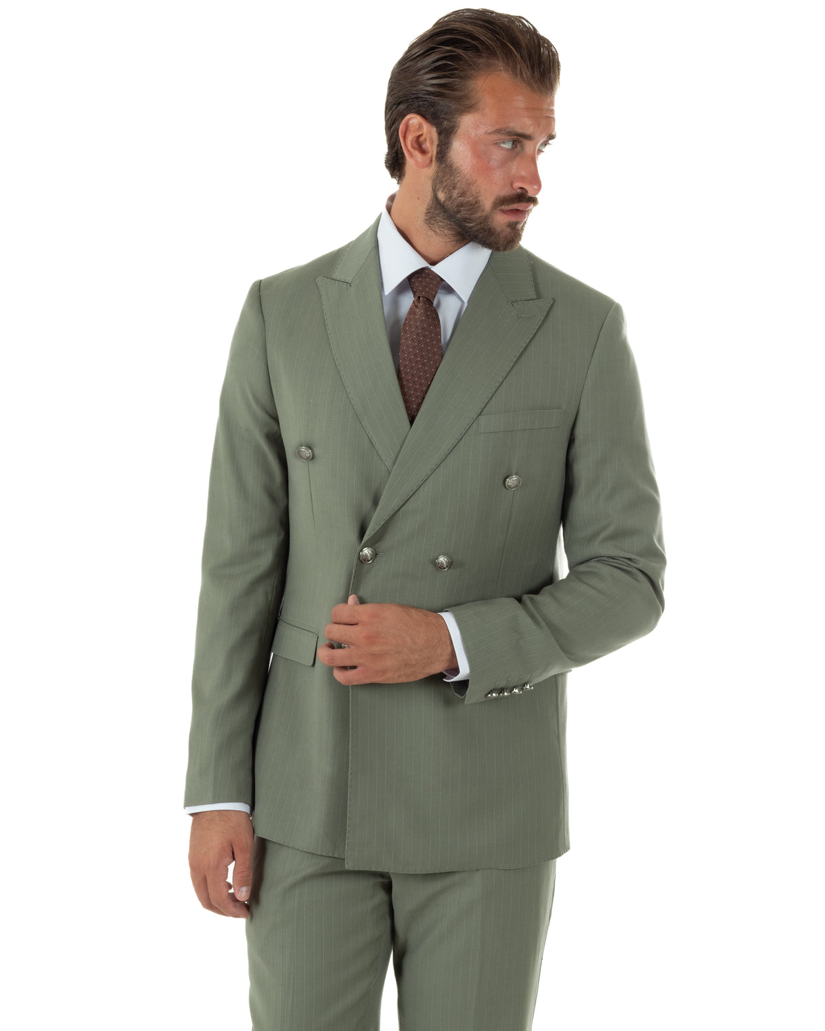 Abito uomo doppiopetto vestito completo rigato giacca pantaloni bottoni metallo fantasia gessata verde salvia GIOSAL-AE1284A