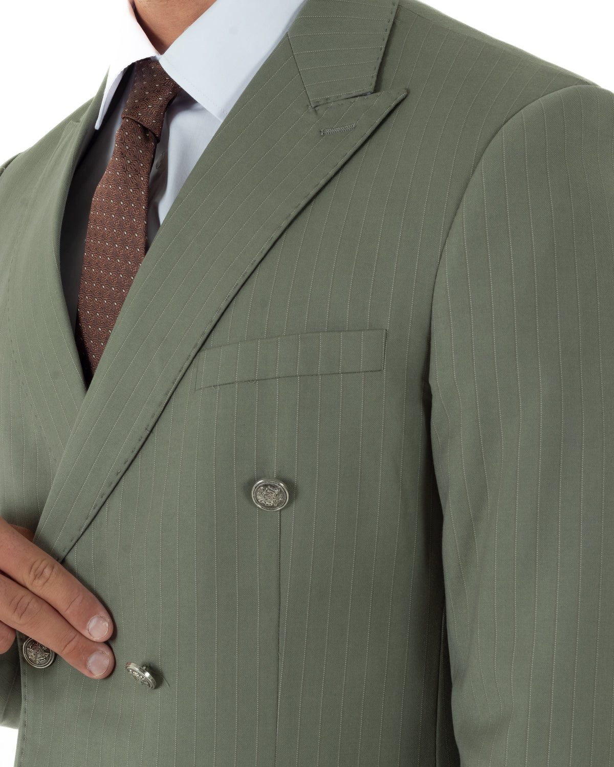 Abito uomo doppiopetto vestito completo rigato giacca pantaloni bottoni metallo fantasia gessata verde salvia GIOSAL-AE1284A