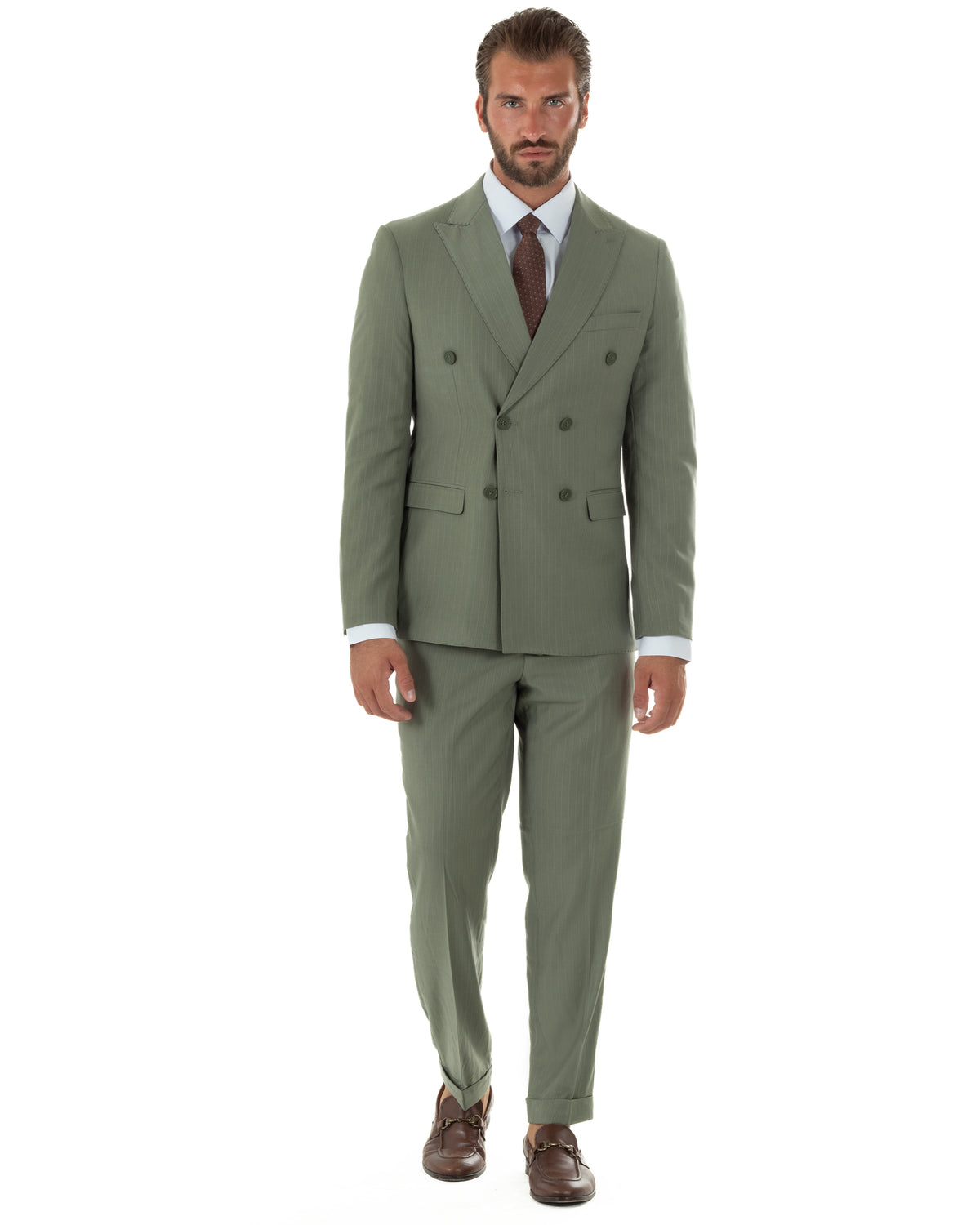 Abito uomo doppiopetto sartoriale rigato giacca pantaloni fantasia gessata verde salvia GIOSAL-AE1285A