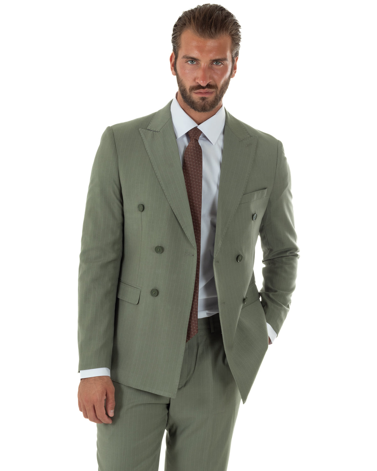 Abito uomo doppiopetto sartoriale rigato giacca pantaloni fantasia gessata verde salvia GIOSAL-AE1285A