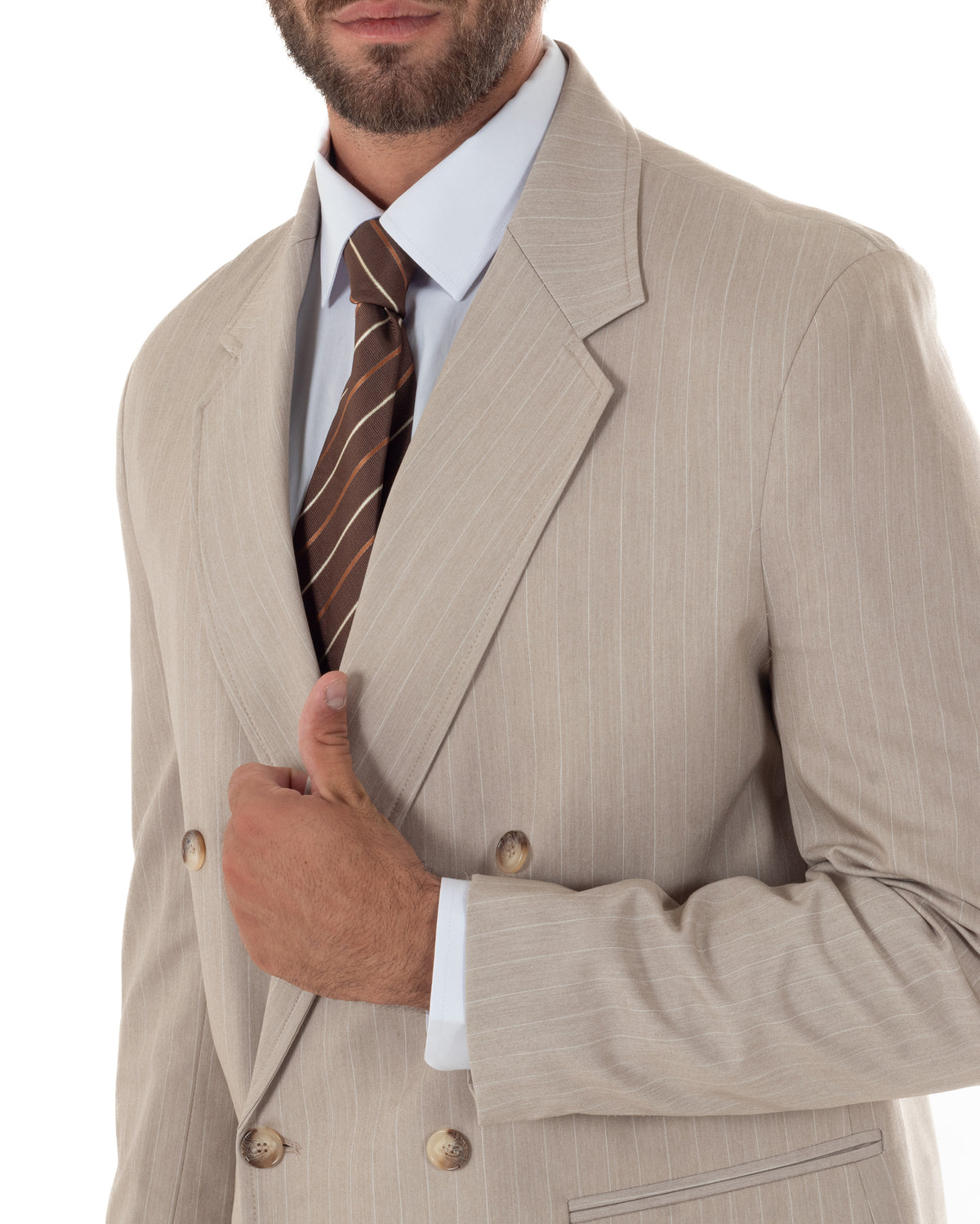 Abito uomo doppiopetto completo rigato gessato giacca bottoni madreperla pantaloni ampi beige GIOSAL-AE1288A