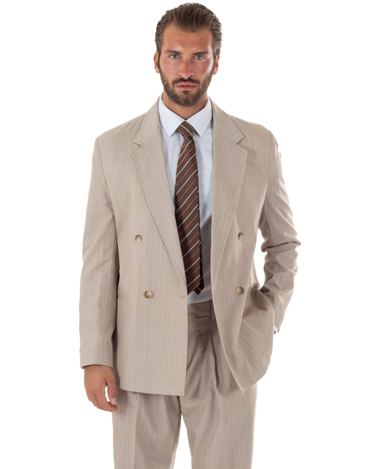Abito uomo doppiopetto completo rigato gessato giacca bottoni madreperla pantaloni ampi beige GIOSAL-AE1288A