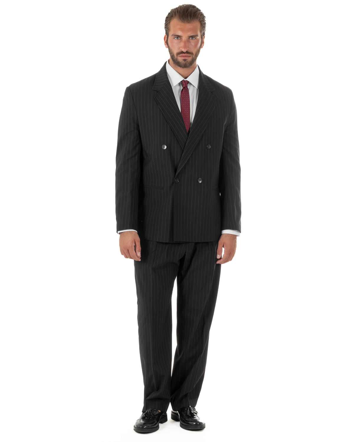 Abito uomo doppiopetto completo rigato gessato giacca bottoni madreperla pantaloni ampi nero GIOSAL-AE1289A