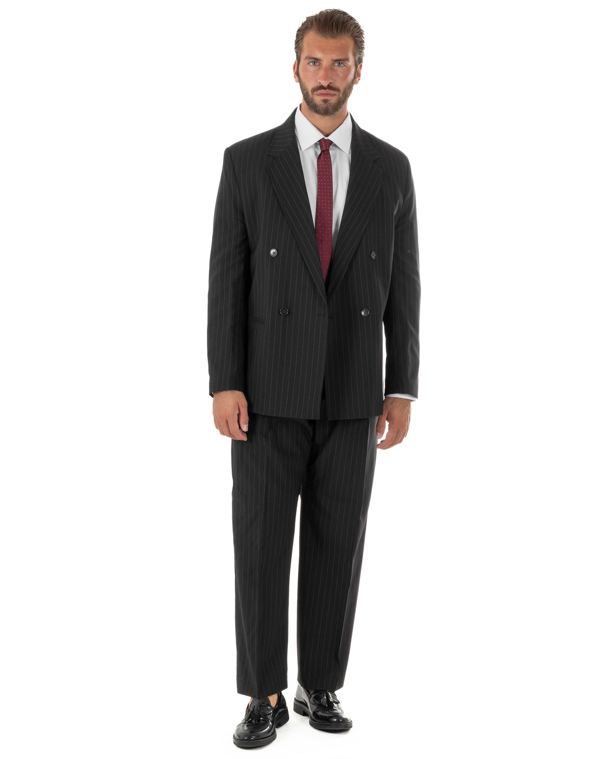 Abito uomo doppiopetto completo rigato gessato giacca bottoni madreperla pantaloni ampi nero GIOSAL-AE1289A