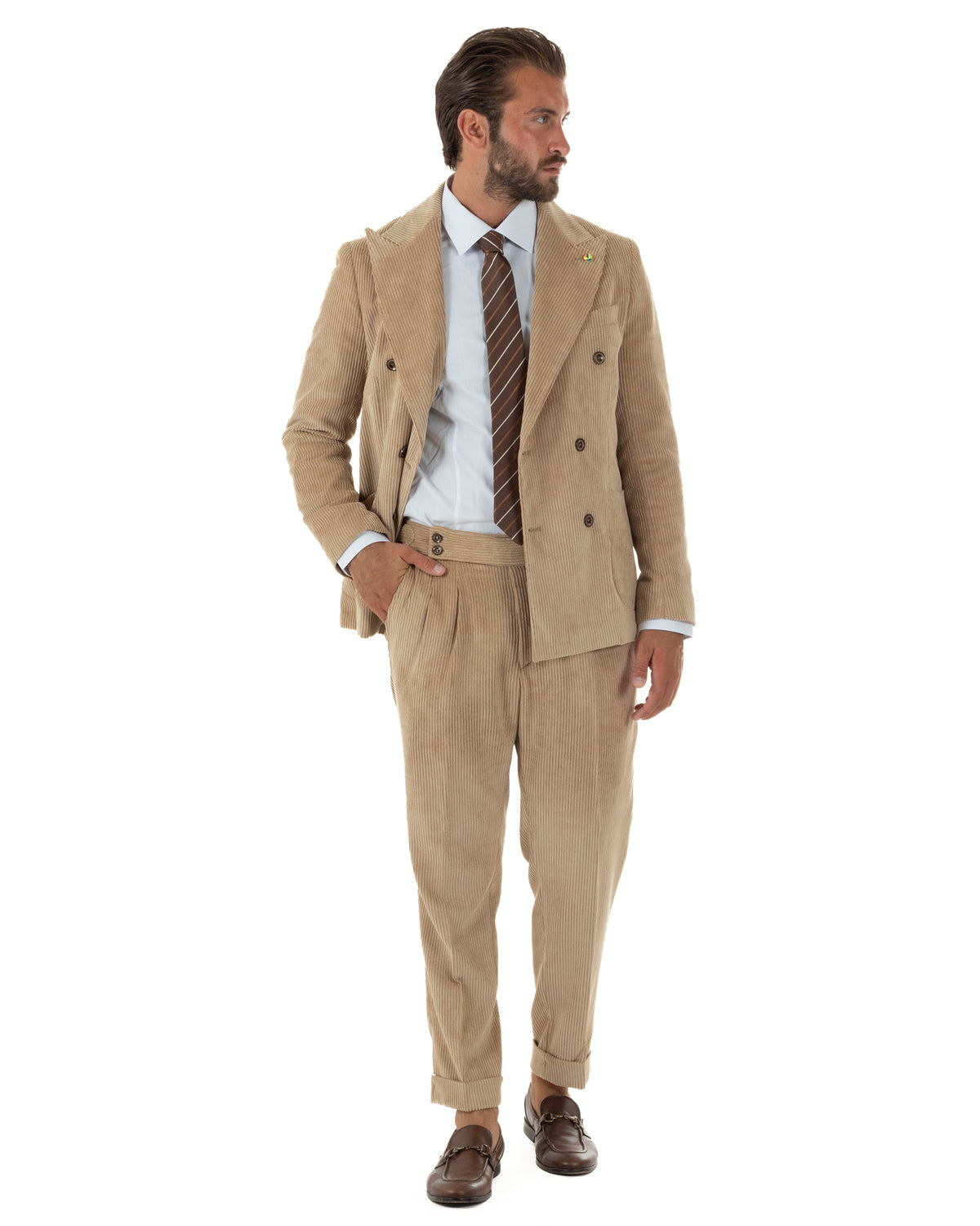 Abito uomo doppiopetto in velluto a coste giacca pantaloni beige BlackSunday-AE1290A