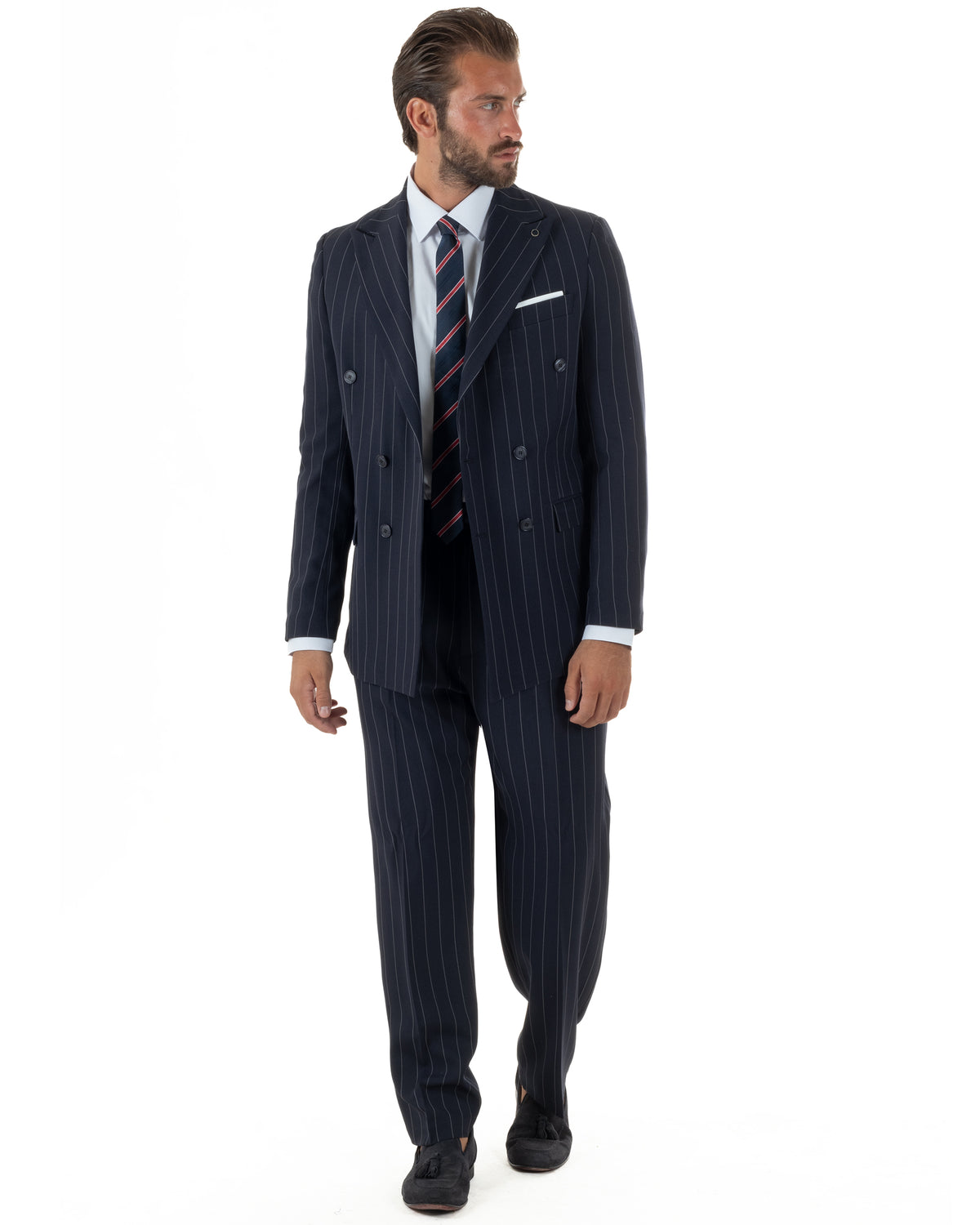 Abito uomo doppiopetto riga larga gessato giacca pantaloni over blu GIOSAL-AE1293A