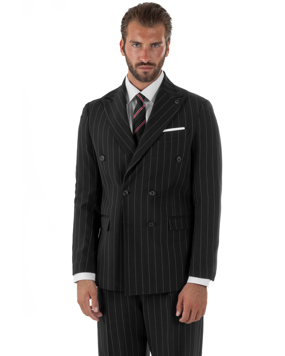 Abito uomo doppiopetto riga larga gessato giacca pantaloni over nero GIOSAL-AE1294A