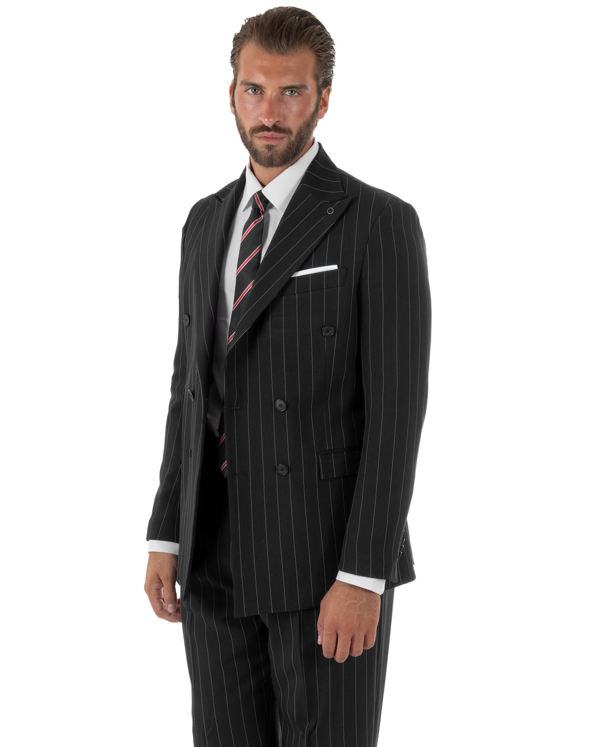 Abito uomo doppiopetto riga larga gessato giacca pantaloni over nero GIOSAL-AE1294A