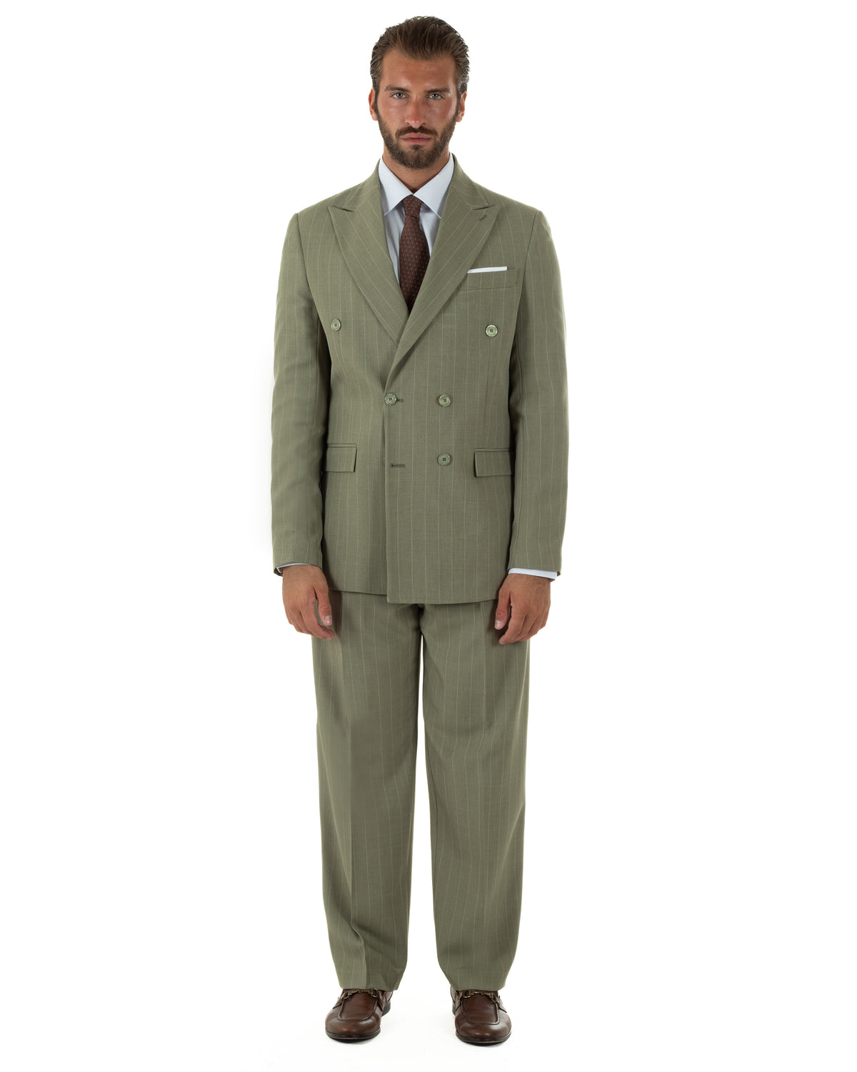 Abito uomo doppiopetto riga larga gessato giacca pantaloni over verde pesto GIOSAL-AE1295A