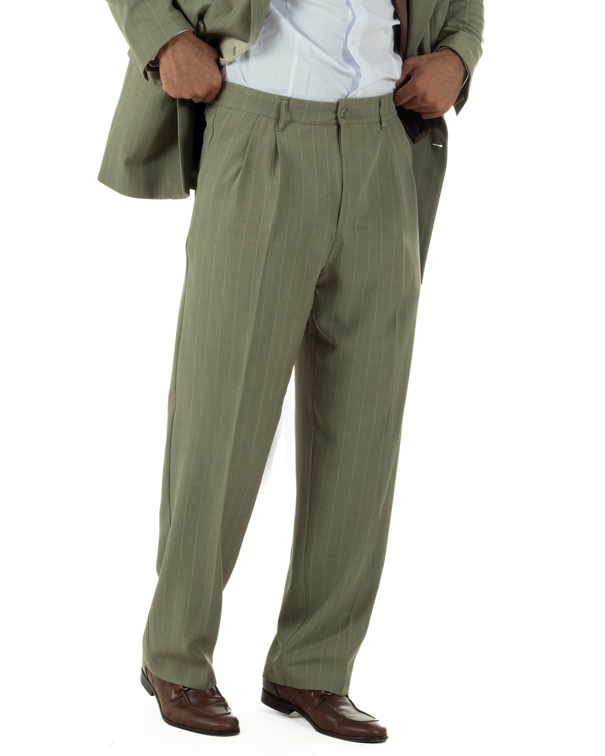 Abito uomo doppiopetto riga larga gessato giacca pantaloni over verde pesto GIOSAL-AE1295A