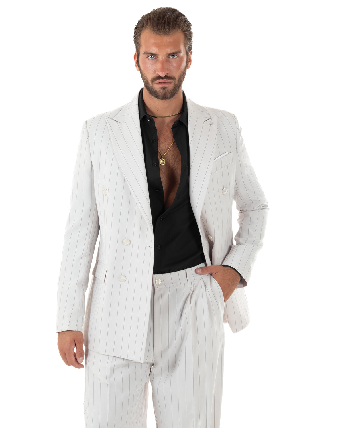 Abito uomo doppiopetto riga larga gessato giacca pantaloni over bianco GIOSAL-AE1296A