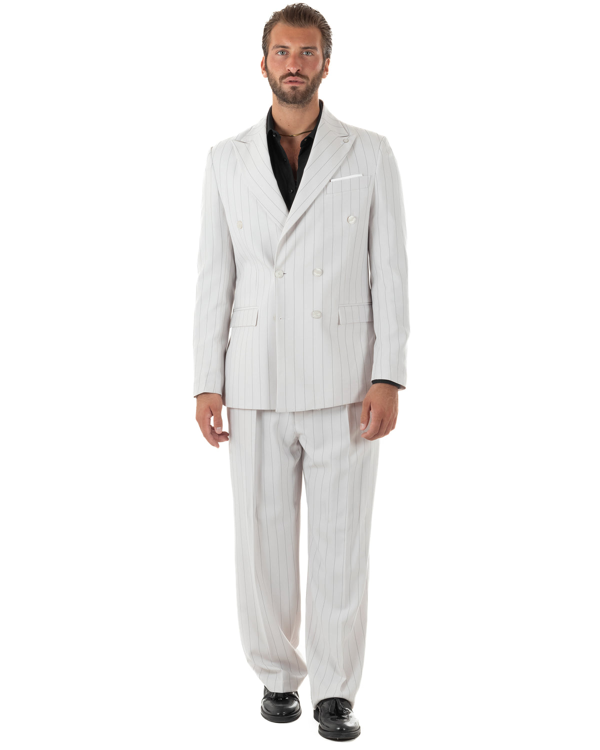 Abito uomo doppiopetto riga larga gessato giacca pantaloni over bianco GIOSAL-AE1296A