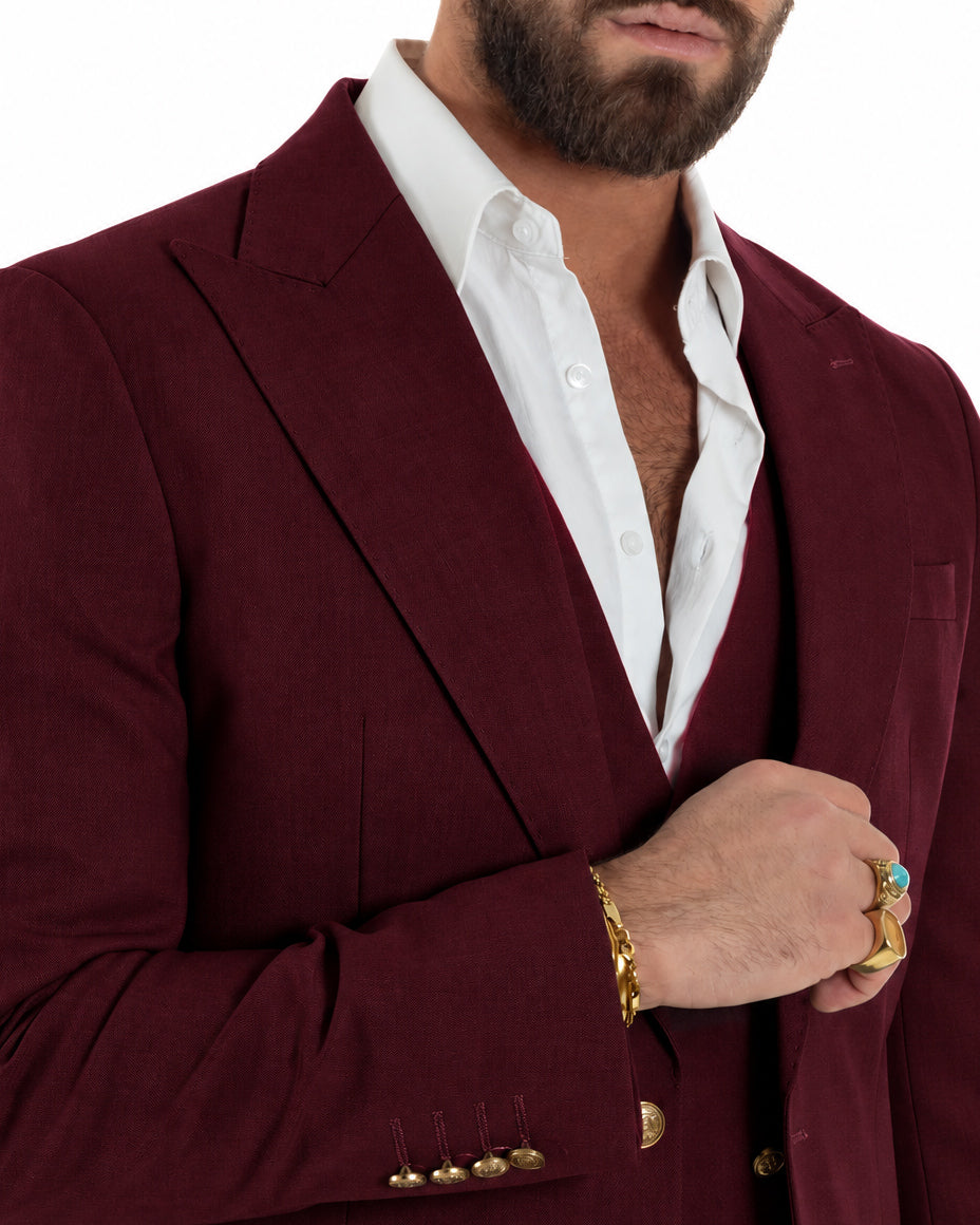 Abito uomo vestito monopetto 3 pezzi panciotto bottoni oro bordeaux GIOSAL-AE1297A