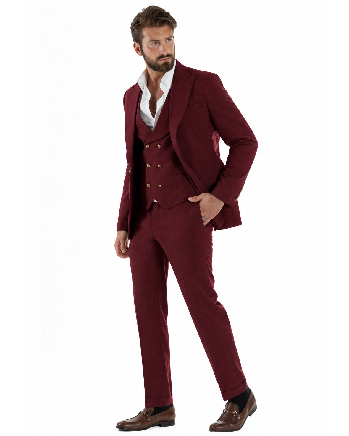 Abito uomo vestito monopetto 3 pezzi panciotto bottoni oro bordeaux GIOSAL-AE1297A