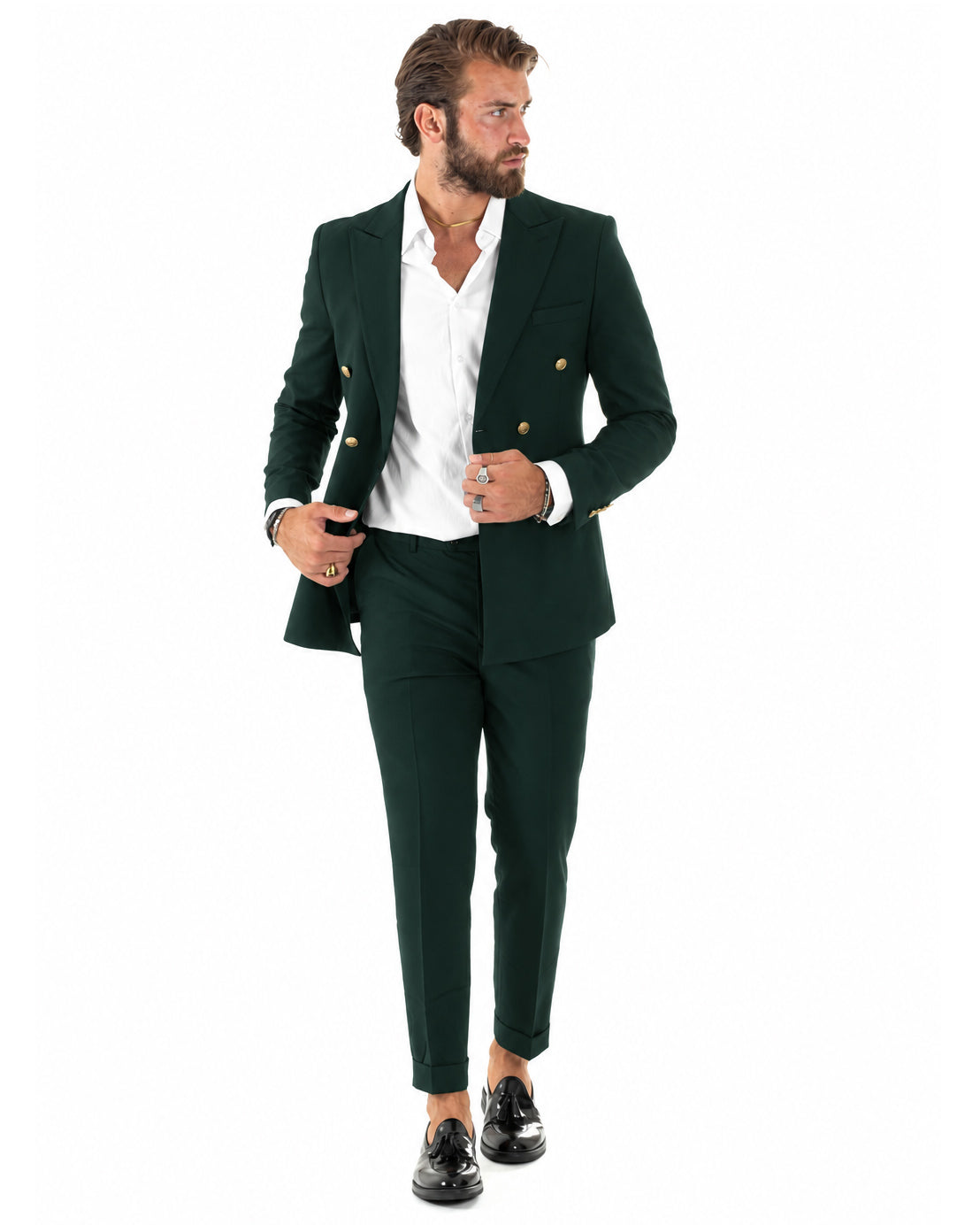Abito uomo doppiopetto completo giacca pantaloni bottoni metallo verde bottiglia GIOSAL-AE1298A