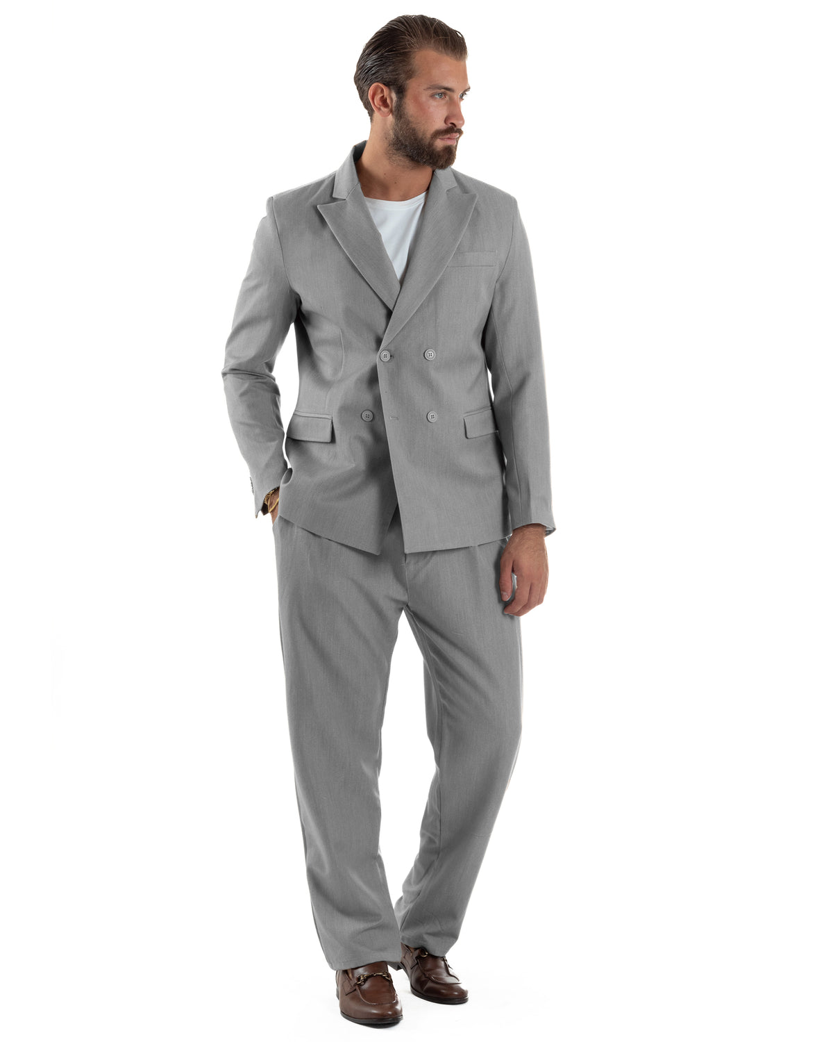 Abito Uomo Doppiopetto Viscosa Pantaloni Baggy Grigio AE1304A