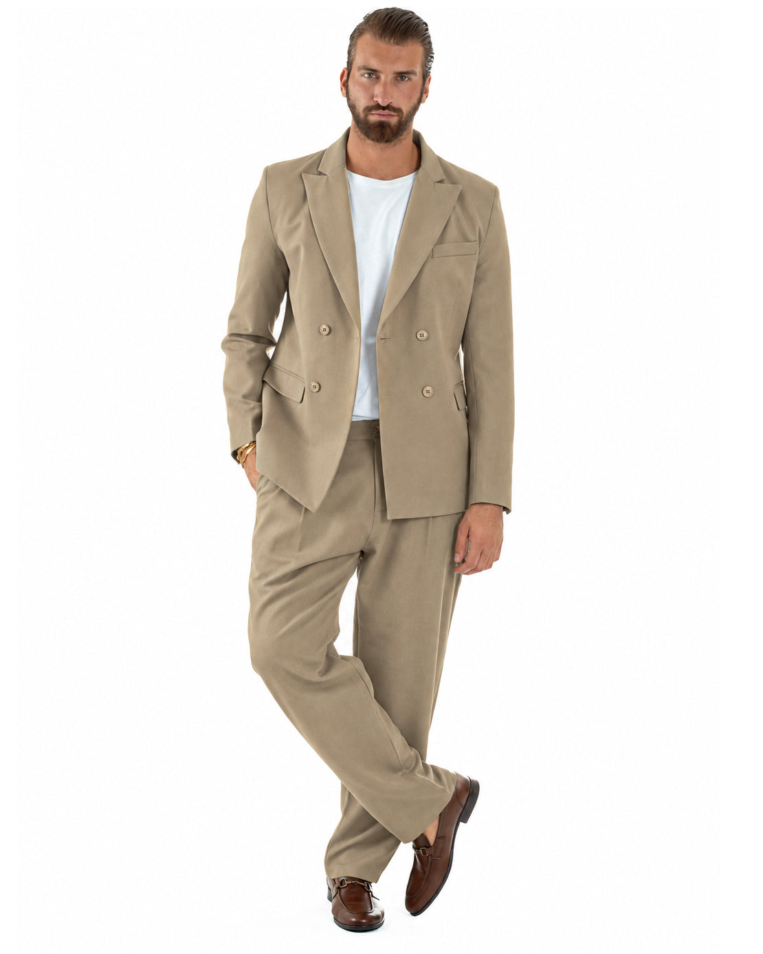 Abito Uomo Doppiopetto Viscosa Pantaloni Baggy Beige AE1305A