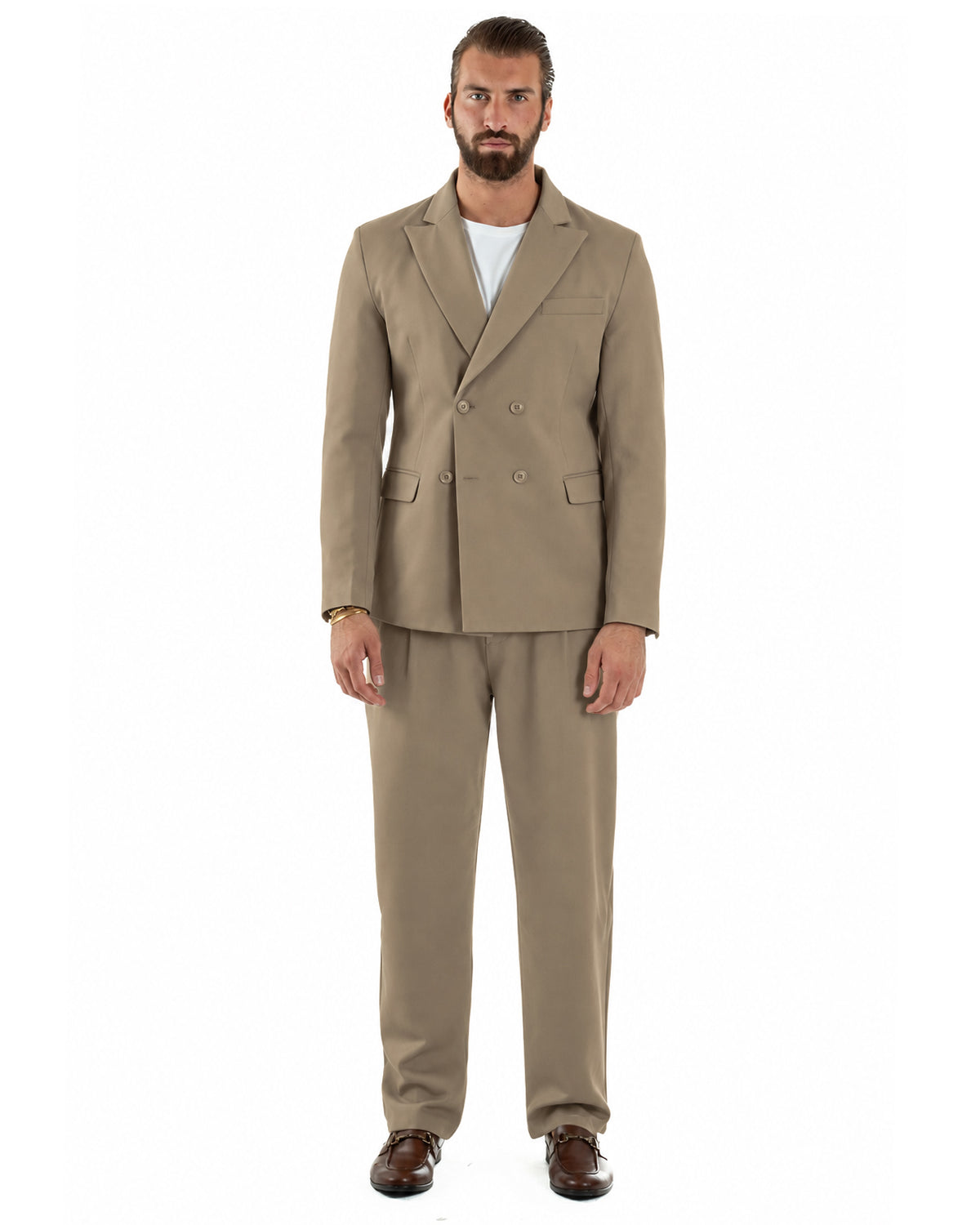 Abito Uomo Doppiopetto Viscosa Pantaloni Baggy Beige AE1305A