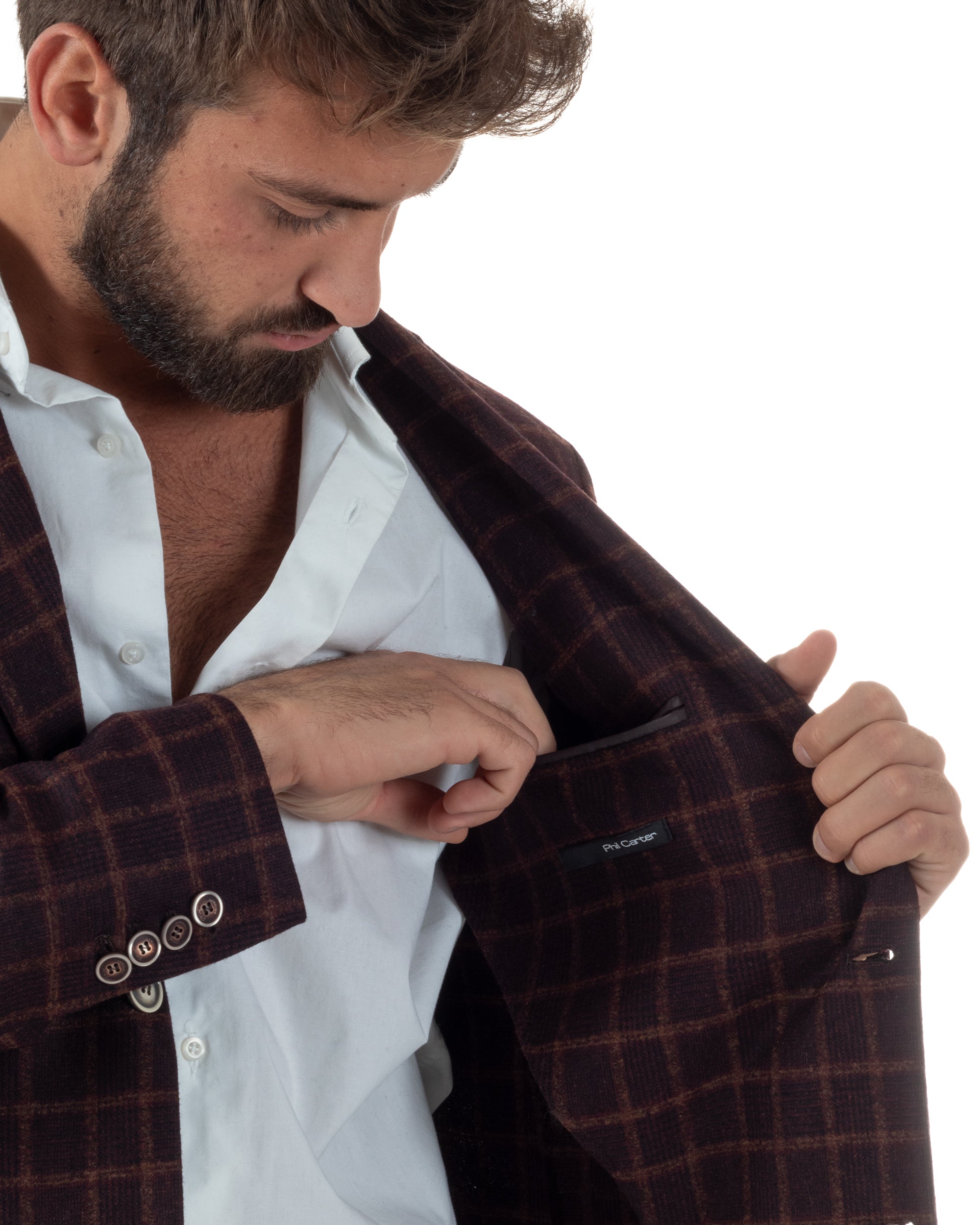 Giacca Monopetto Uomo Lana Check Quadri Revers Blazer Bordeaux BZ1004A