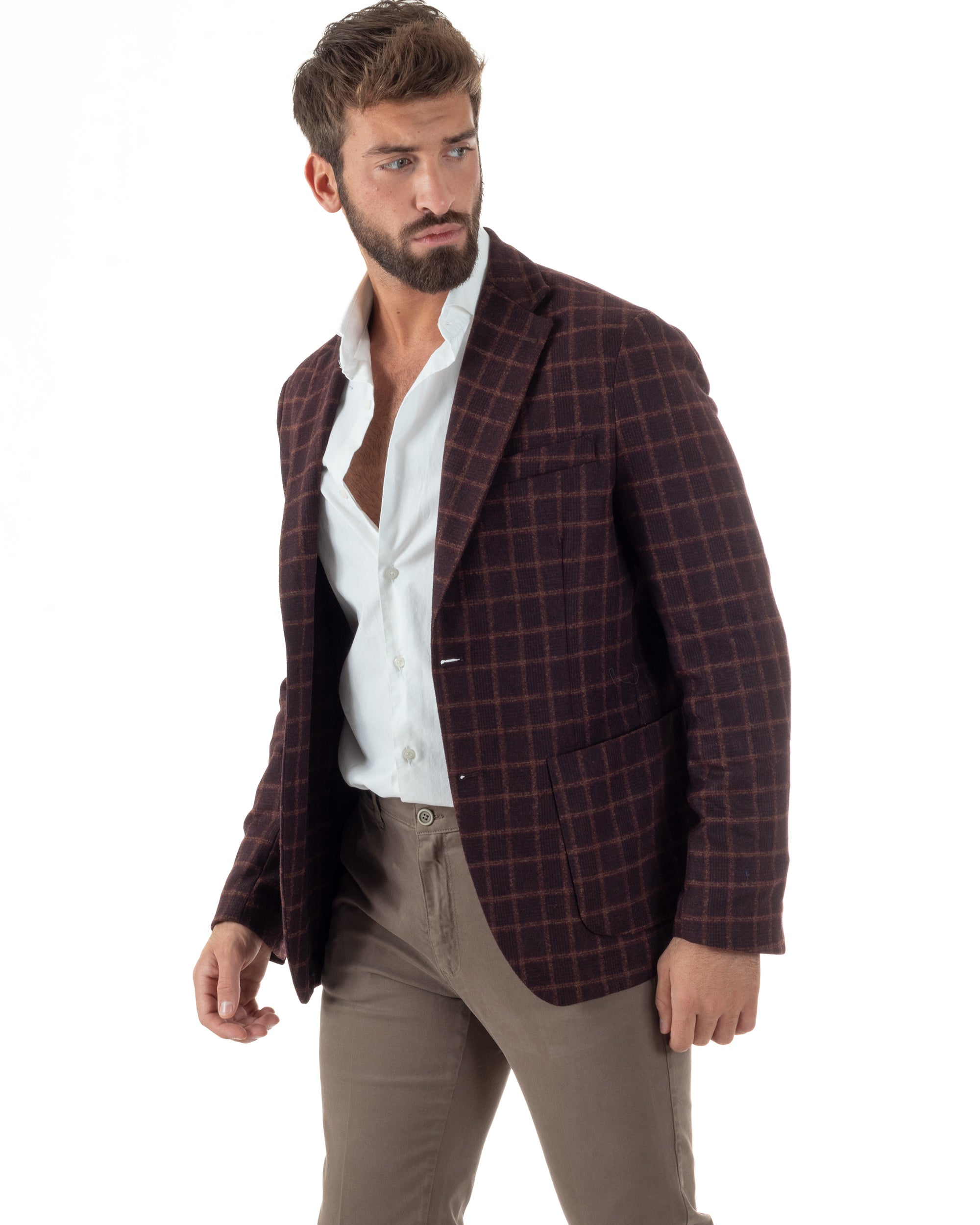 Giacca Monopetto Uomo Lana Check Quadri Revers Blazer Bordeaux BZ1004A