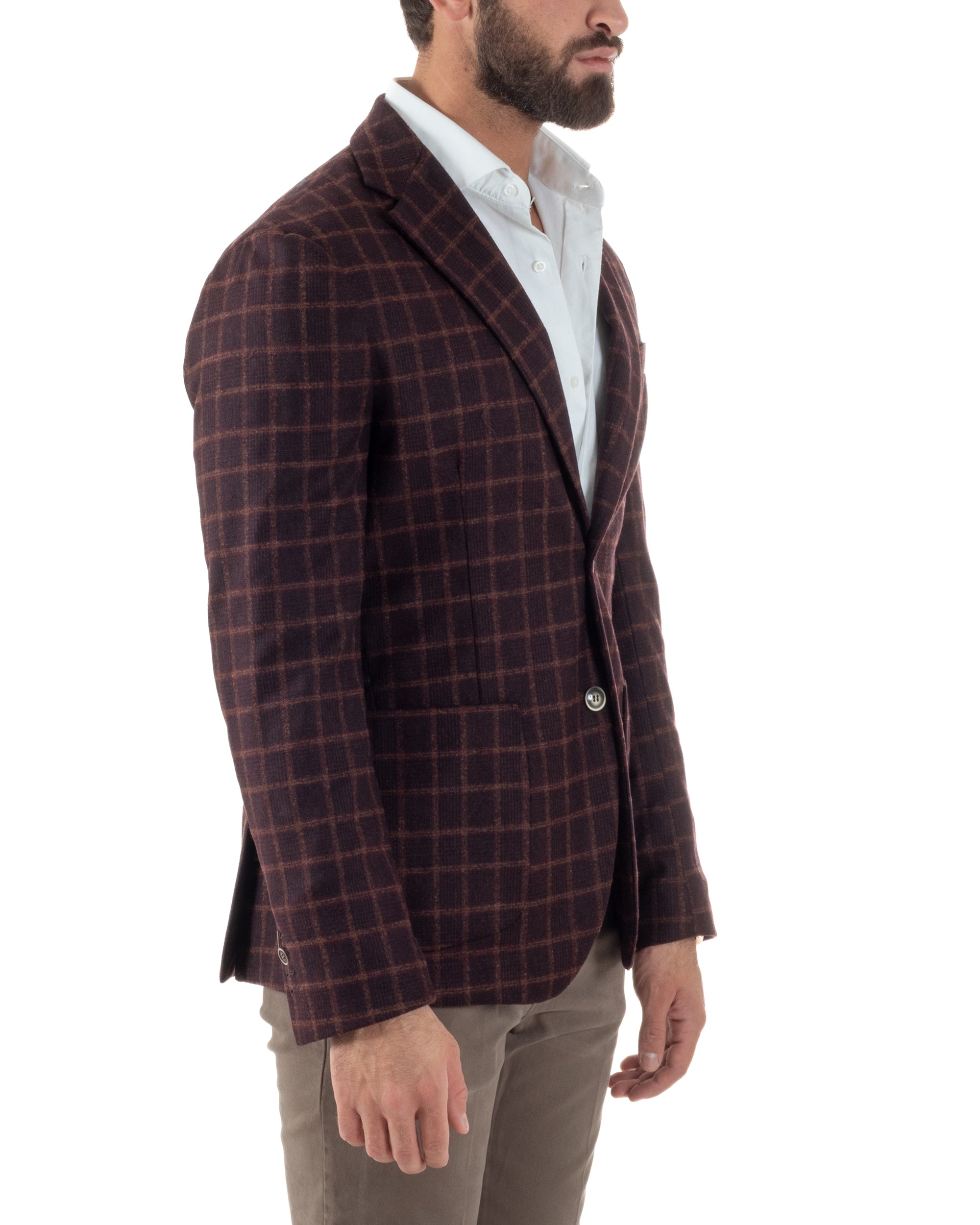 Giacca Monopetto Uomo Lana Check Quadri Revers Blazer Bordeaux BZ1004A
