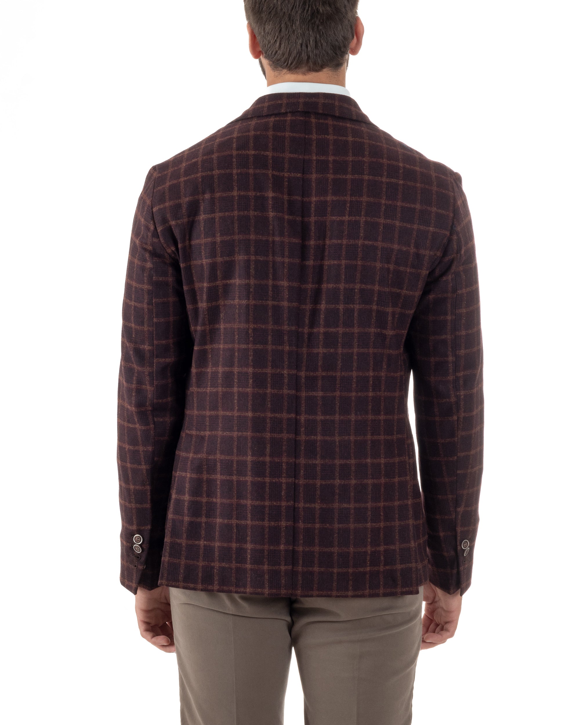 Giacca Monopetto Uomo Lana Check Quadri Revers Blazer Bordeaux BZ1004A