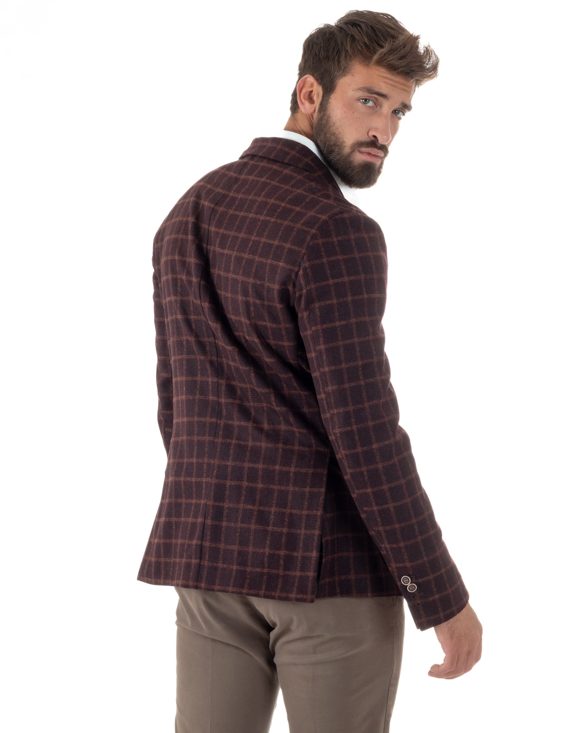 Giacca Monopetto Uomo Lana Check Quadri Revers Blazer Bordeaux BZ1004A