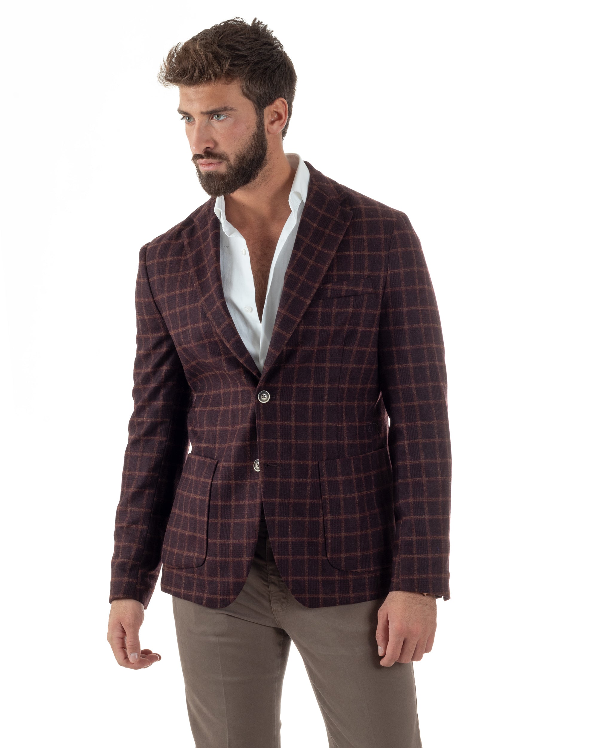 Giacca Monopetto Uomo Lana Check Quadri Revers Blazer Bordeaux BZ1004A