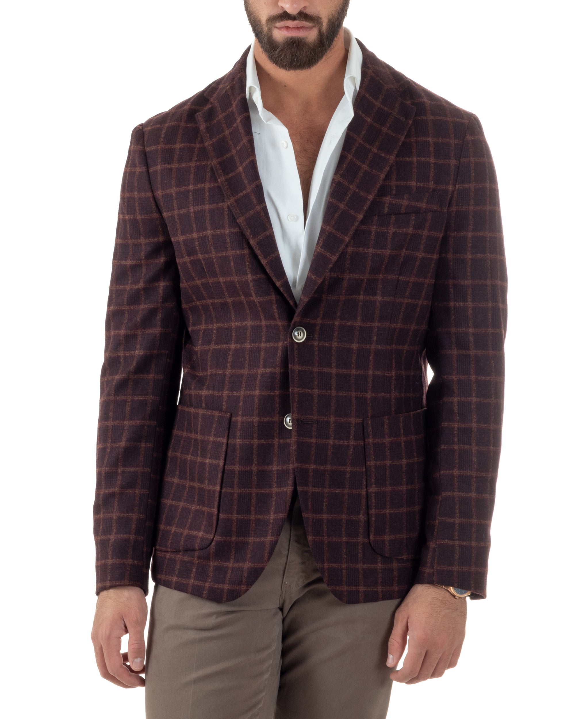 Giacca Monopetto Uomo Lana Check Quadri Revers Blazer Bordeaux BZ1004A