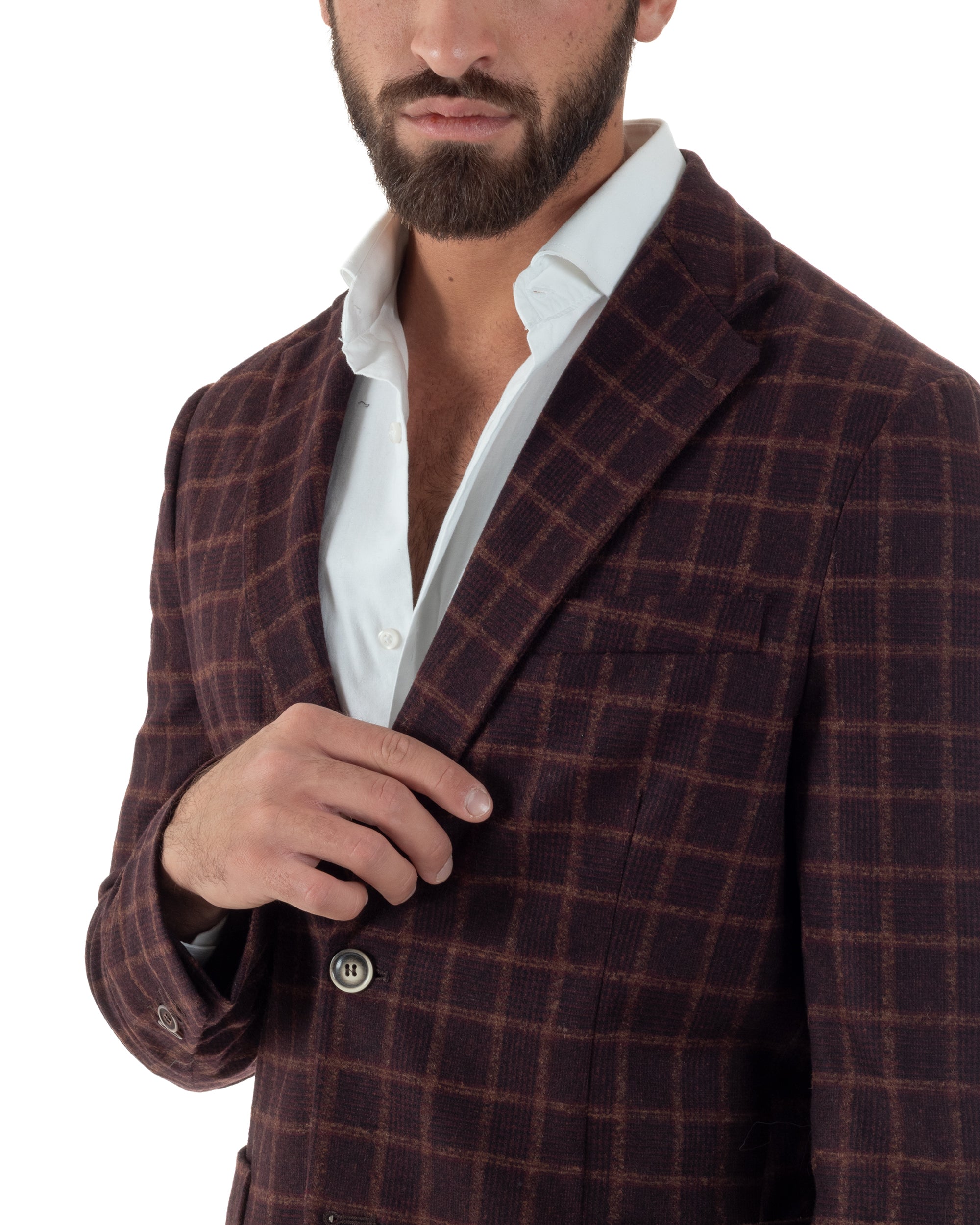 Giacca Monopetto Uomo Lana Check Quadri Revers Blazer Bordeaux BZ1004A