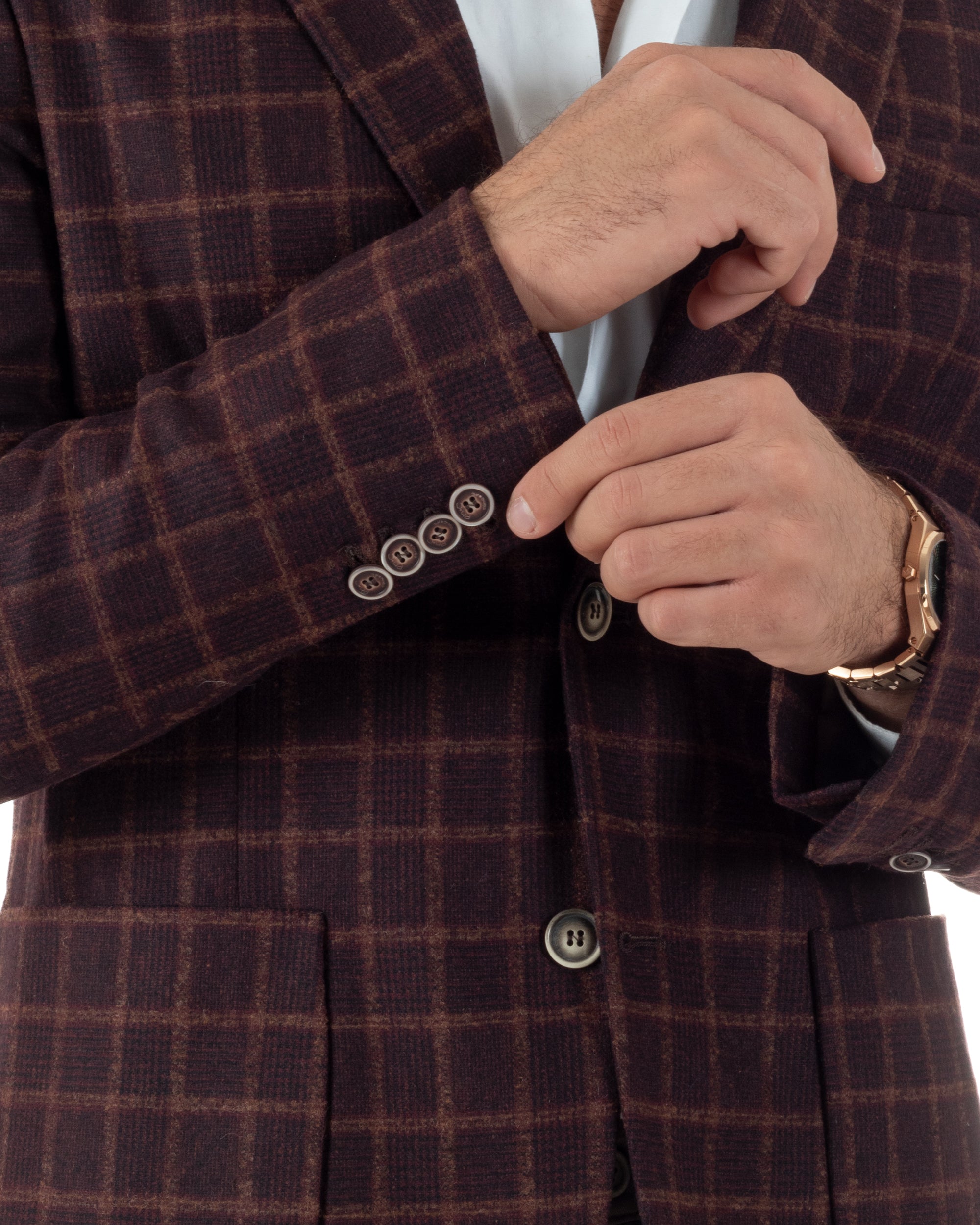 Giacca Monopetto Uomo Lana Check Quadri Revers Blazer Bordeaux BZ1004A