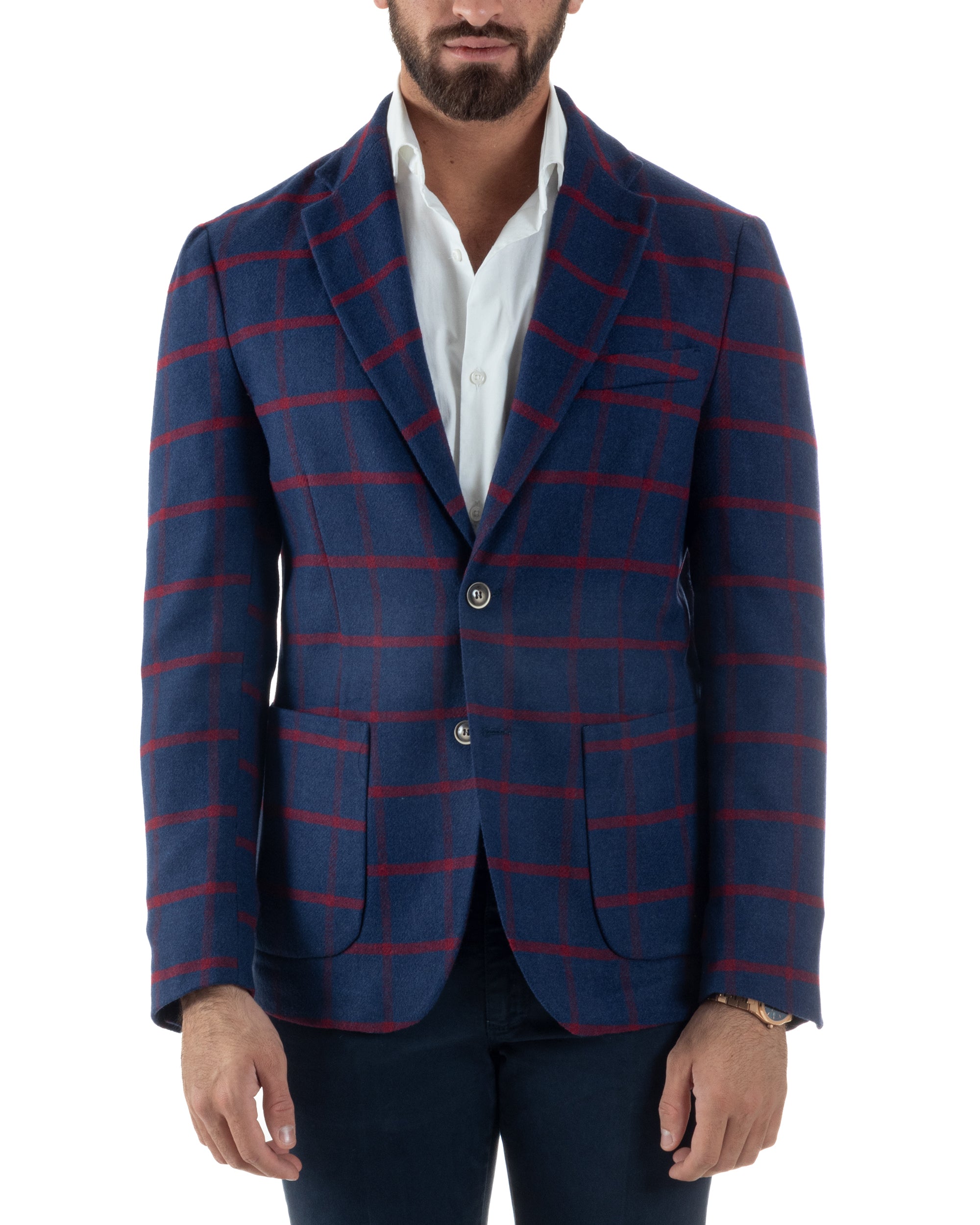 Giacca Monopetto Uomo Lana Check Quadri Revers Blazer Blu BZ1005A