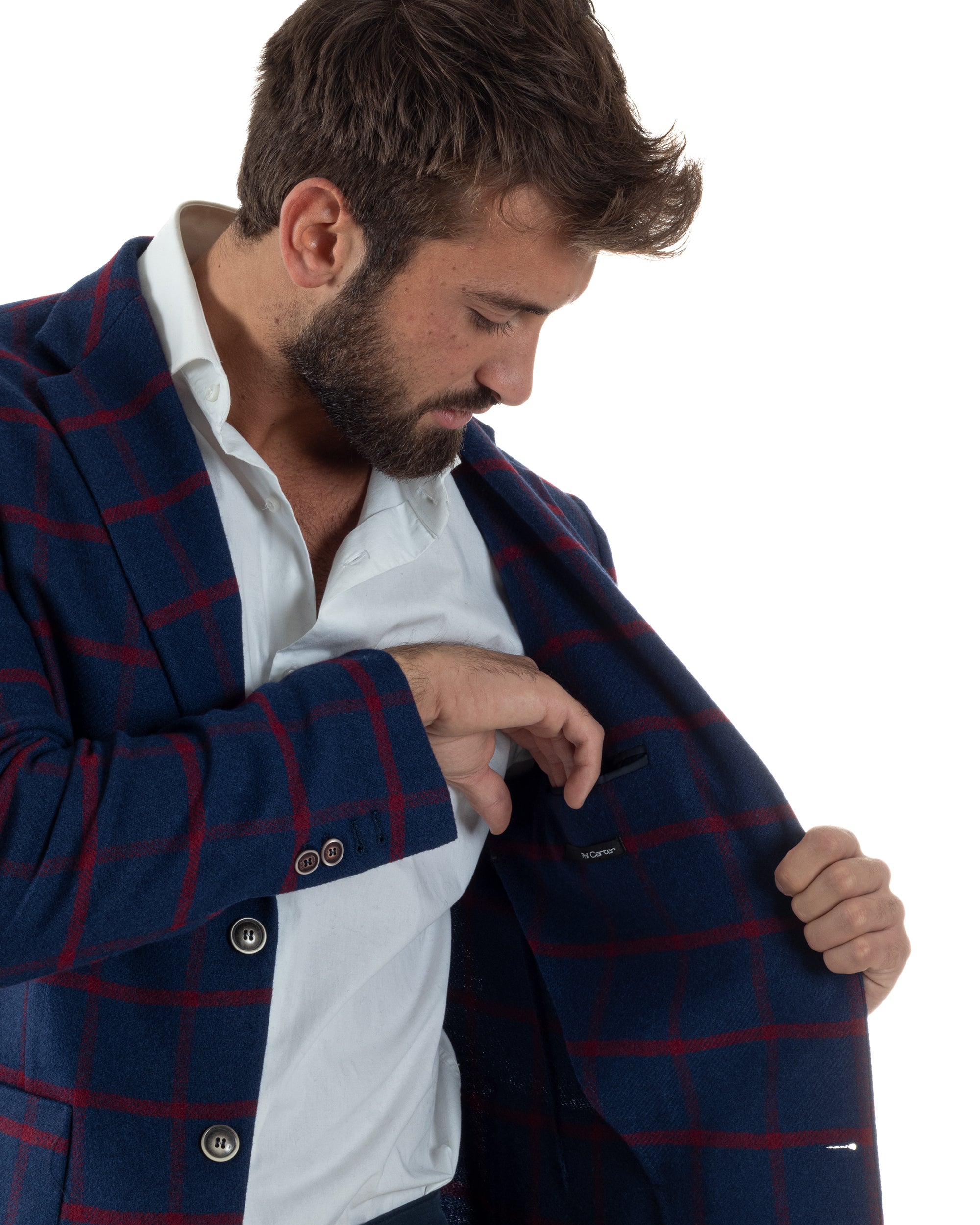 Giacca Monopetto Uomo Lana Check Quadri Revers Blazer Blu BZ1005A