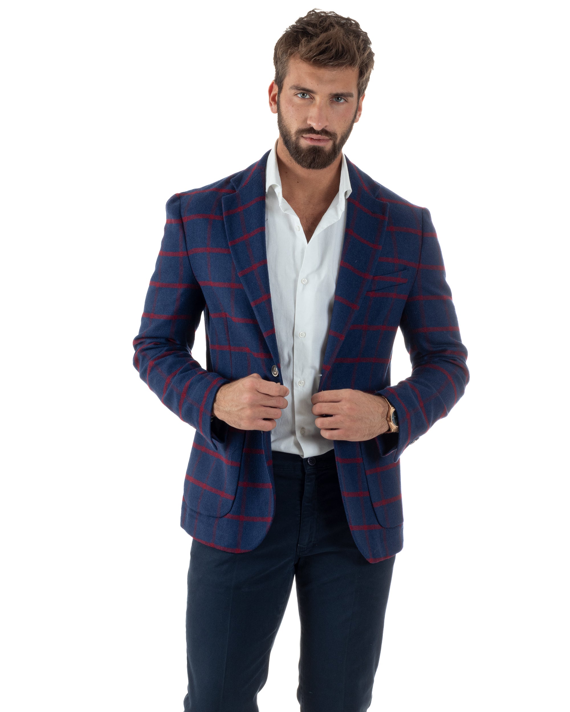Giacca Monopetto Uomo Lana Check Quadri Revers Blazer Blu BZ1005A
