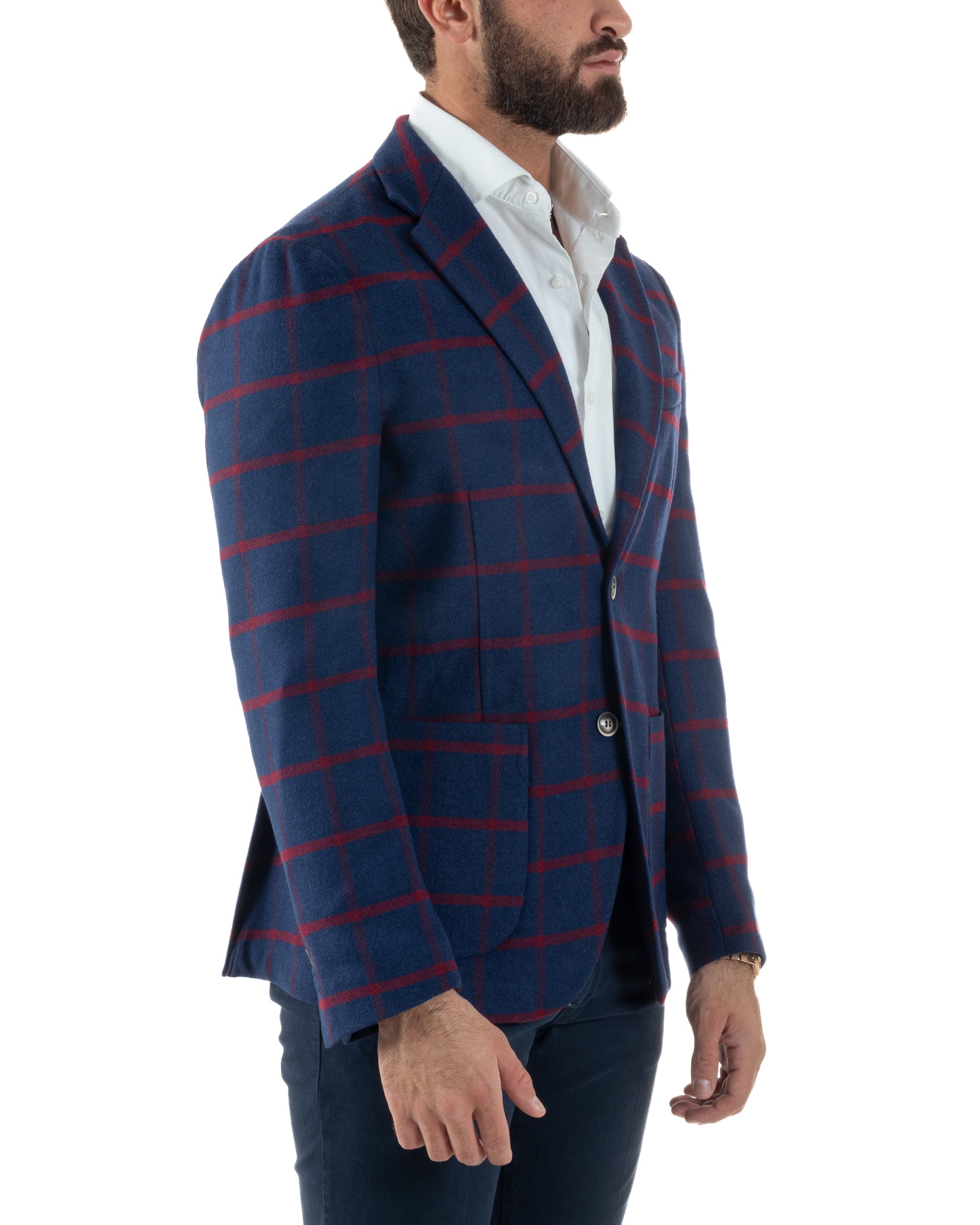 Giacca Monopetto Uomo Lana Check Quadri Revers Blazer Blu BZ1005A