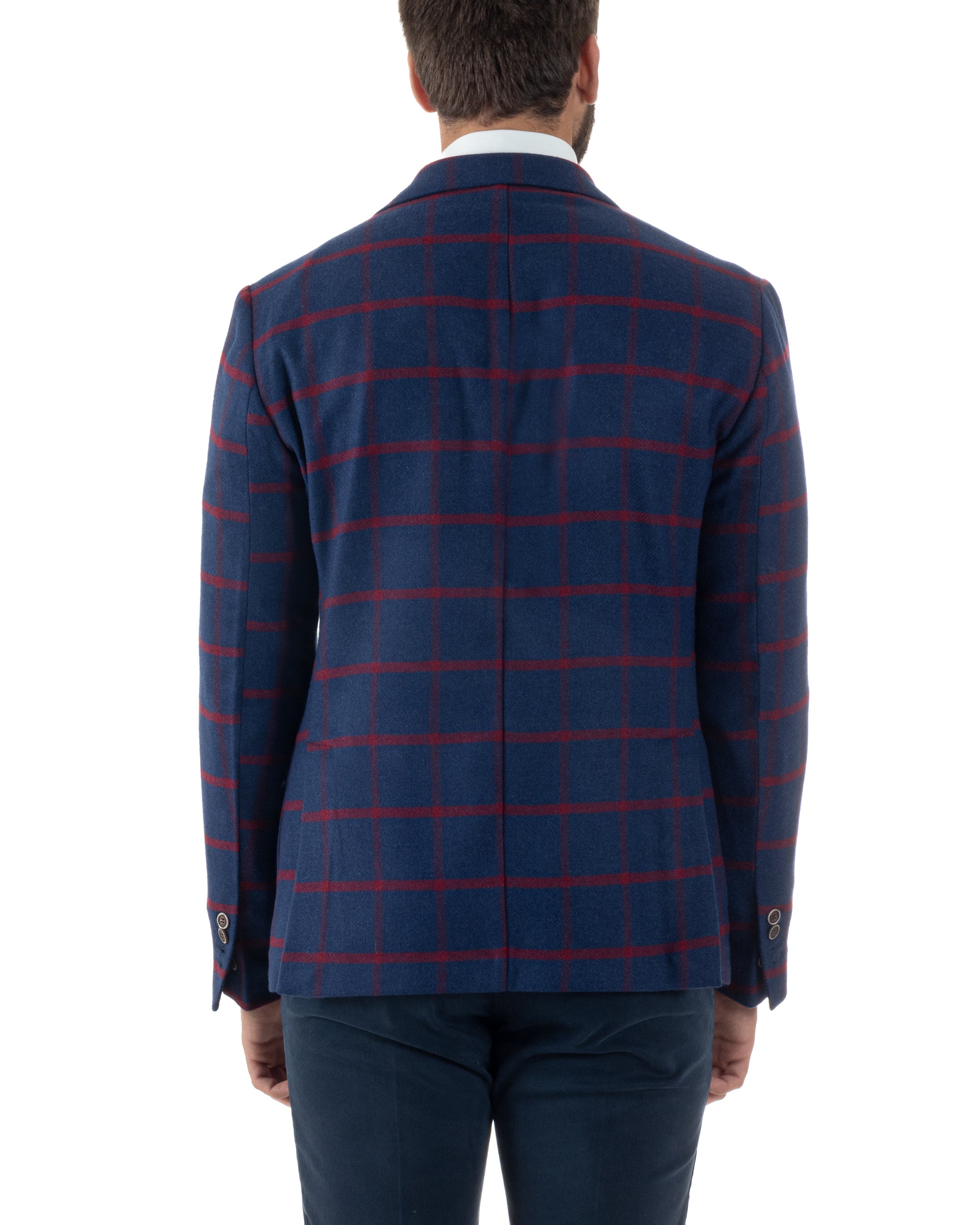 Giacca Monopetto Uomo Lana Check Quadri Revers Blazer Blu BZ1005A