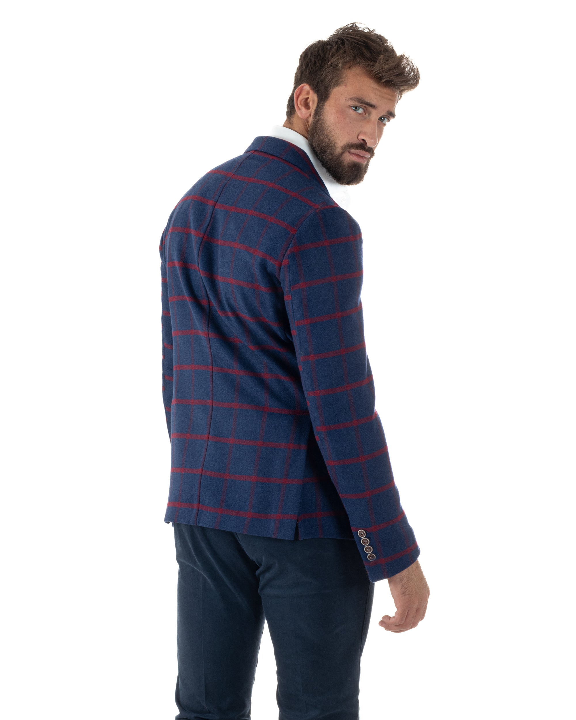 Giacca Monopetto Uomo Lana Check Quadri Revers Blazer Blu BZ1005A