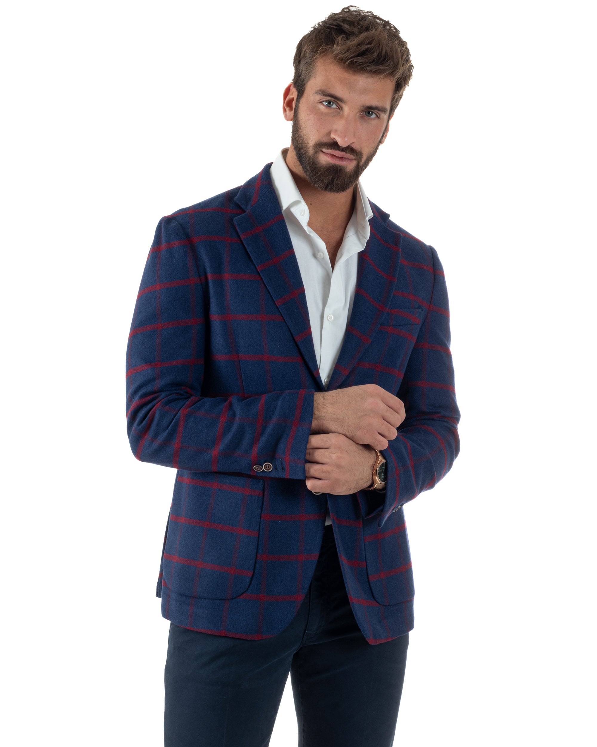 Giacca Monopetto Uomo Lana Check Quadri Revers Blazer Blu BZ1005A