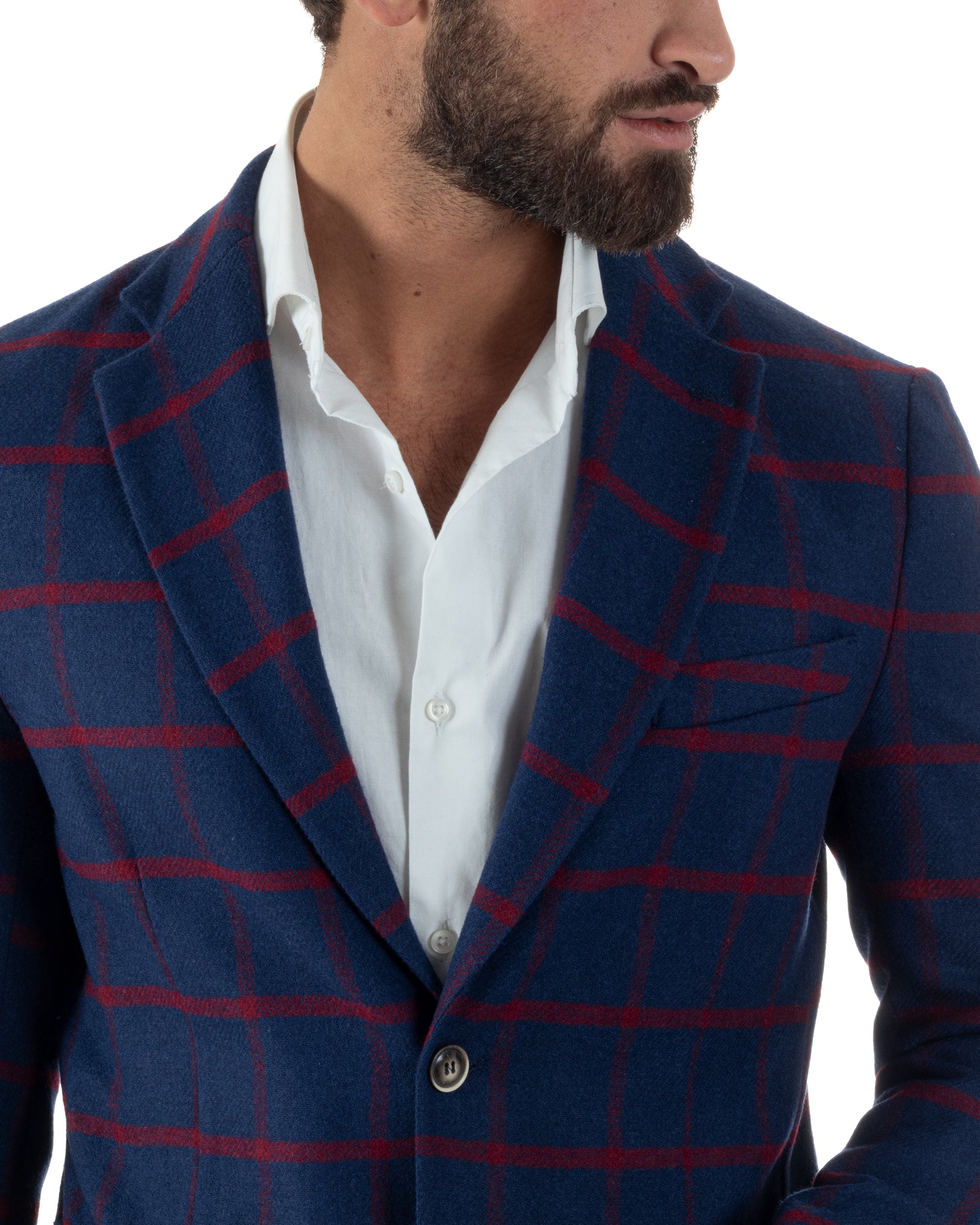 Giacca Monopetto Uomo Lana Check Quadri Revers Blazer Blu BZ1005A