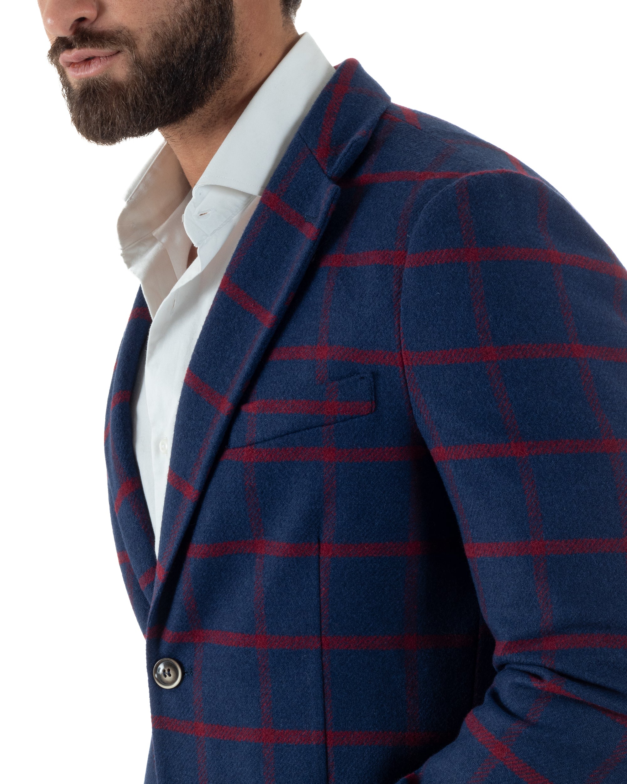 Giacca Monopetto Uomo Lana Check Quadri Revers Blazer Blu BZ1005A