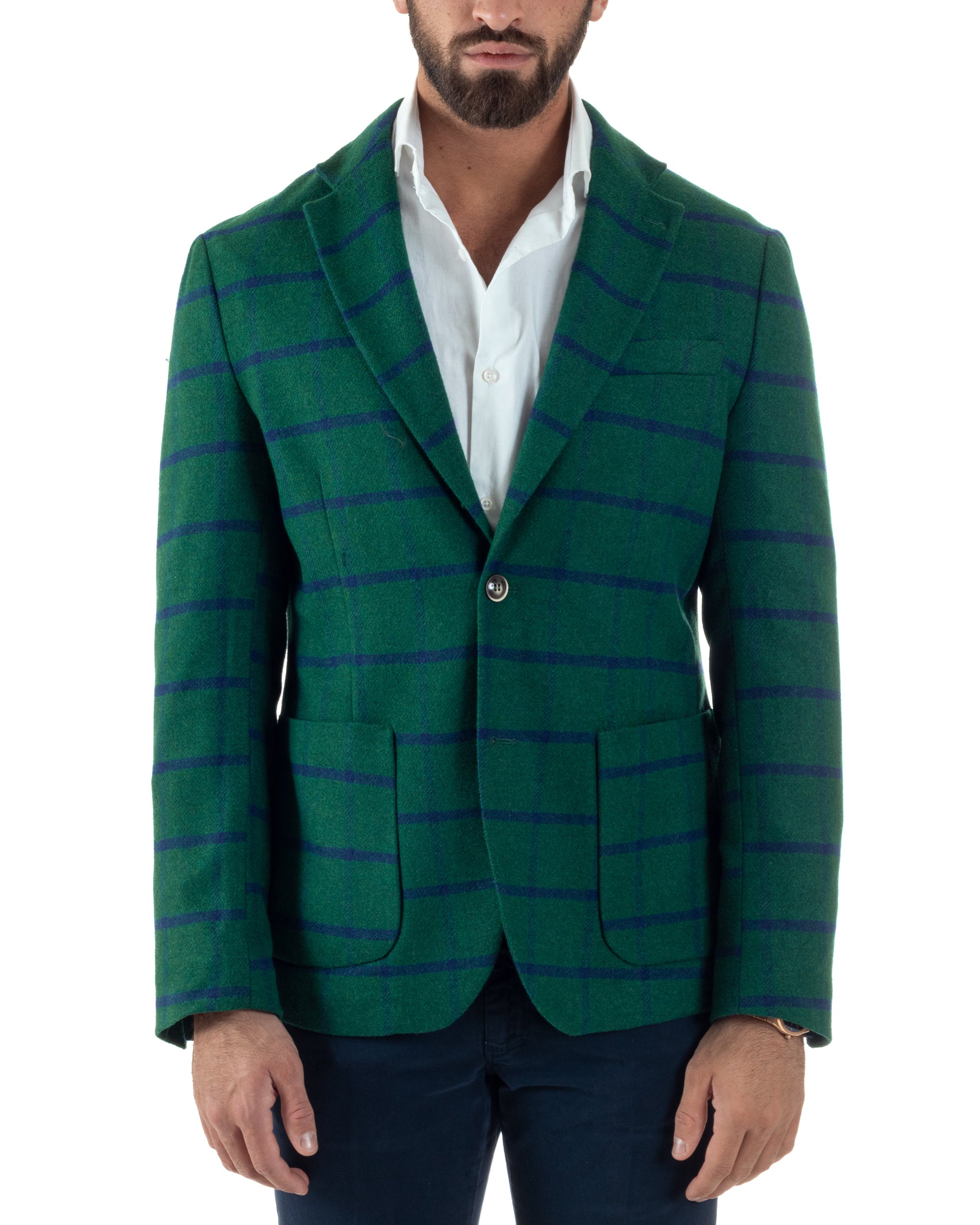 Giacca Monopetto Uomo Lana Check Quadri Revers Blazer Verde BZ1006A