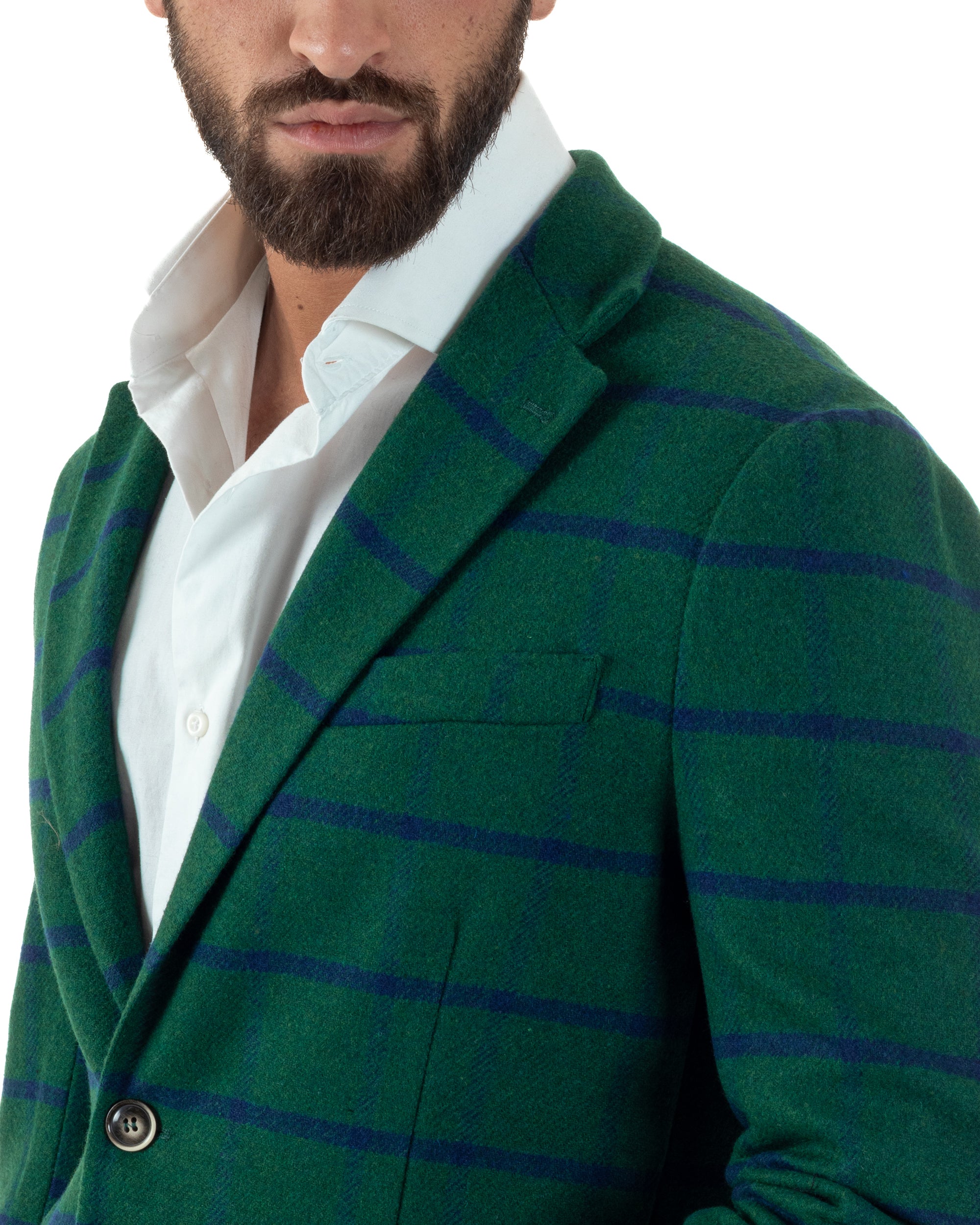 Giacca Monopetto Uomo Lana Check Quadri Revers Blazer Verde BZ1006A