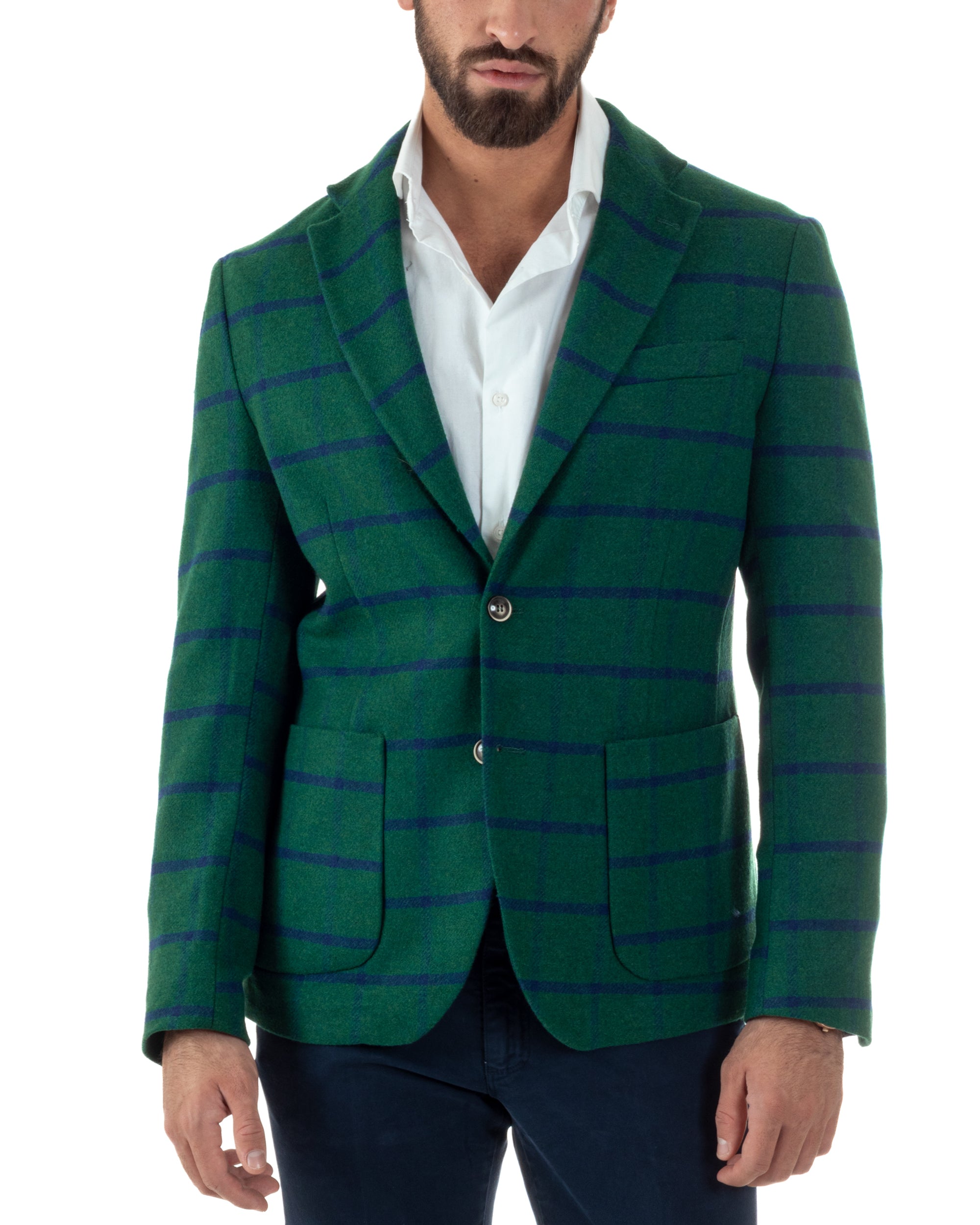 Giacca Monopetto Uomo Lana Check Quadri Revers Blazer Verde BZ1006A