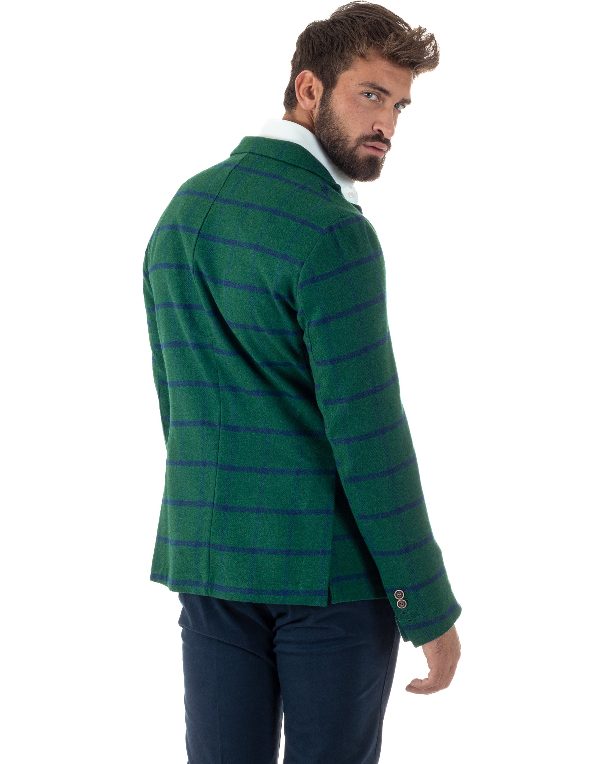 Giacca Monopetto Uomo Lana Check Quadri Revers Blazer Verde BZ1006A