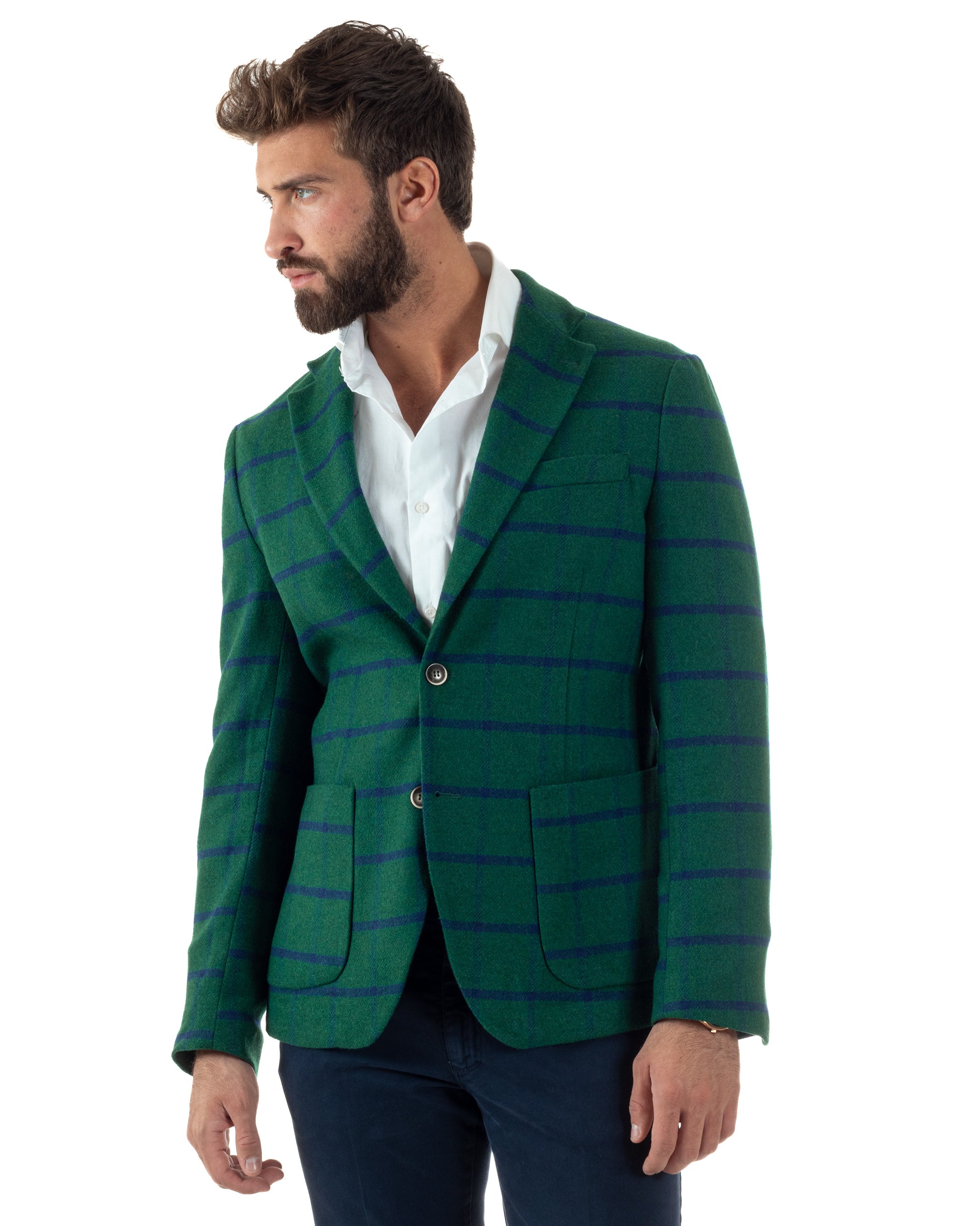 Giacca Monopetto Uomo Lana Check Quadri Revers Blazer Verde BZ1006A