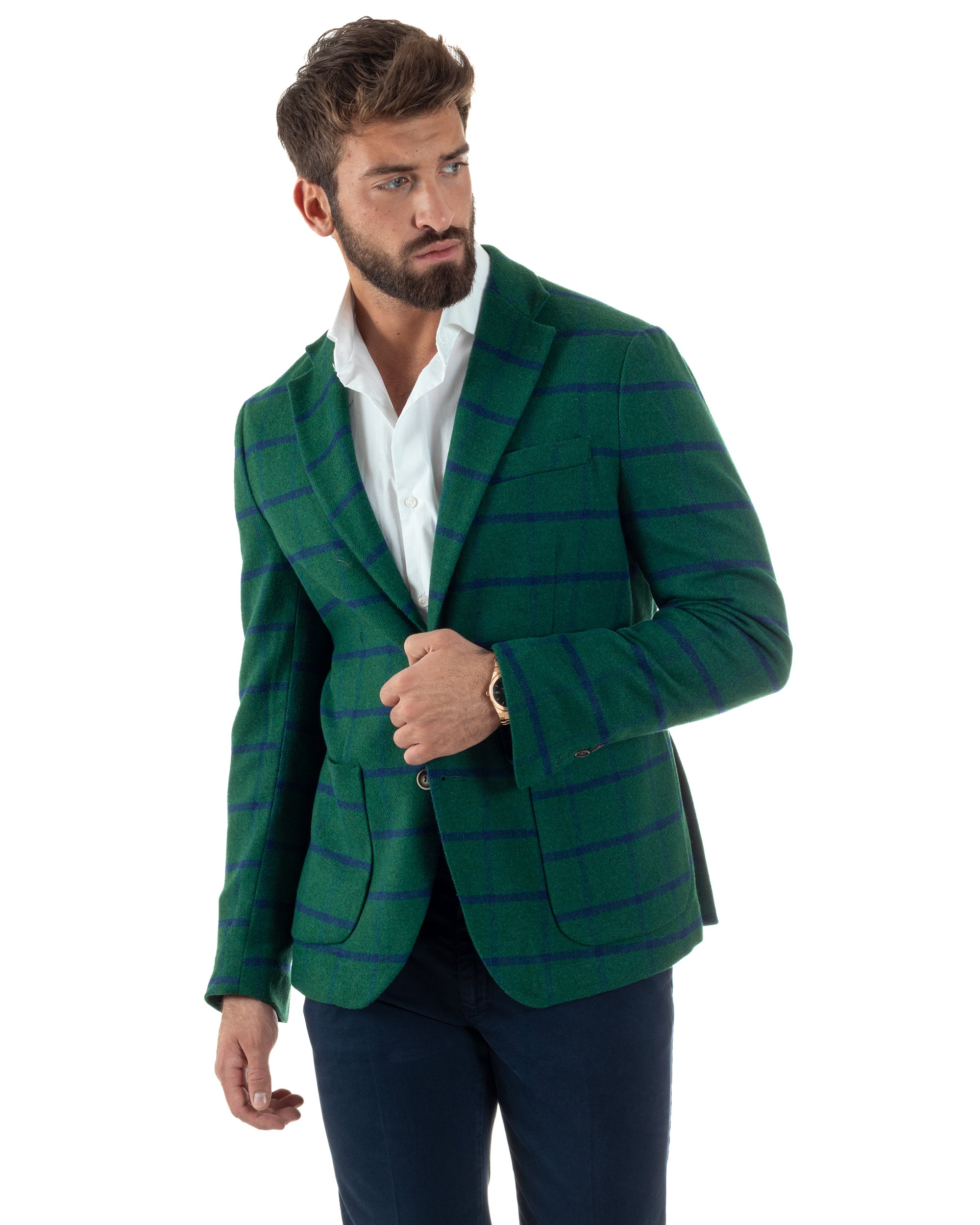 Giacca Monopetto Uomo Lana Check Quadri Revers Blazer Verde BZ1006A