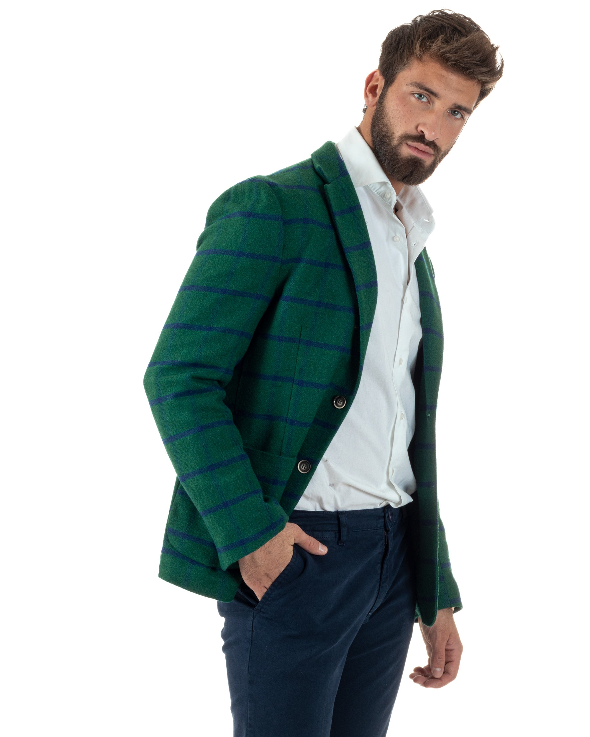 Giacca Monopetto Uomo Lana Check Quadri Revers Blazer Verde BZ1006A
