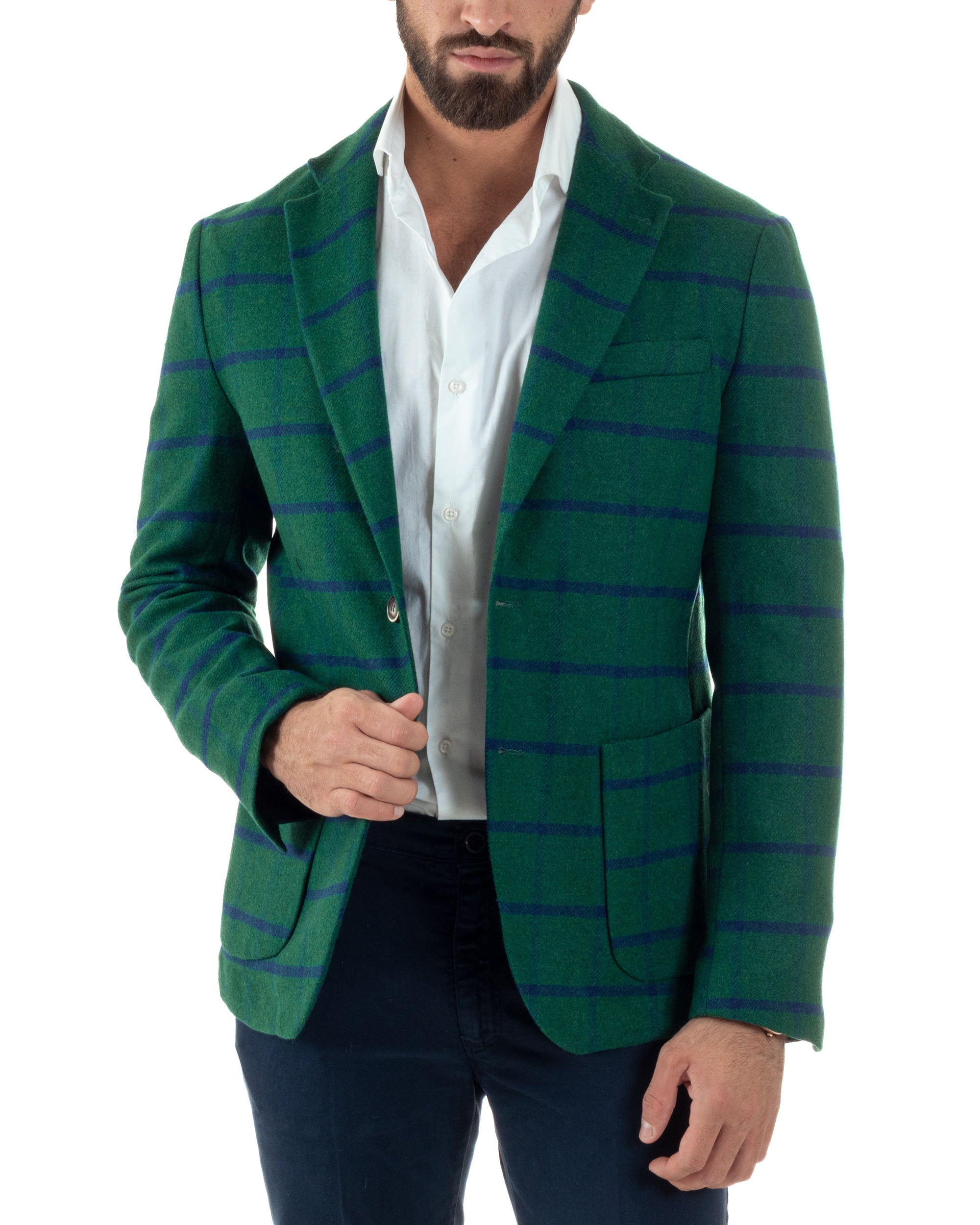 Giacca Monopetto Uomo Lana Check Quadri Revers Blazer Verde BZ1006A
